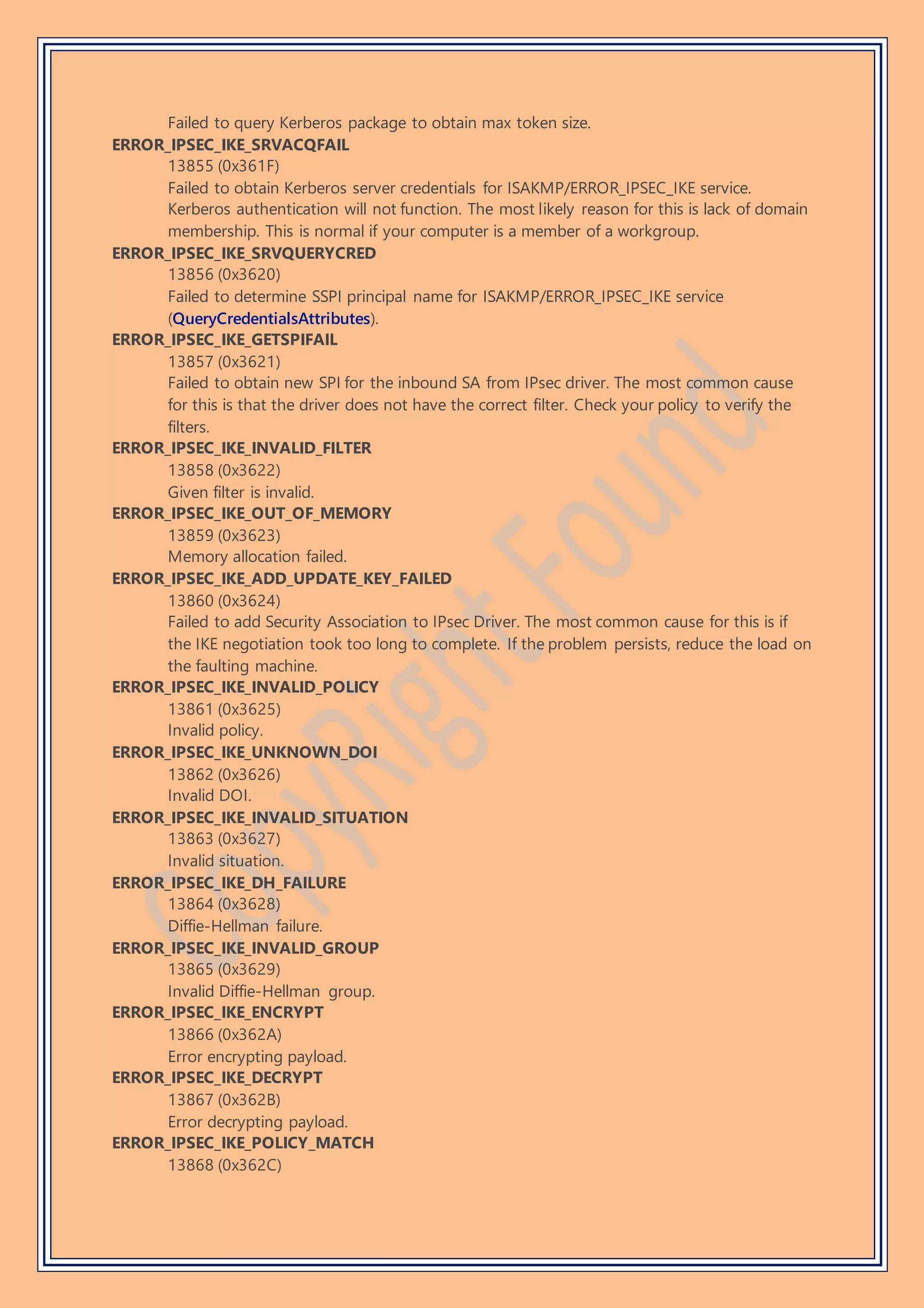Failed to query Kerberos package to obtain max token size.
ERROR_IPSEC_IKE_SRVACQFAIL
13855 (0x361F)
Failed to obtain Kerberos server credentials for ISAKMP/ERROR_IPSEC_IKE service.
Kerberos authentication will not function. The most likely reason for this is lack of domain
membership. This is normal if your computer is a member of a workgroup.
ERROR_IPSEC_IKE_SRVQUERYCRED
13856 (0x3620)
Failed to determine SSPI principal name for ISAKMP/ERROR_IPSEC_IKE service
(QueryCredentialsAttributes).
ERROR_IPSEC_IKE_GETSPIFAIL
13857 (0x3621)
Failed to obtain new SPI for the inbound SA from IPsec driver. The most common cause
for this is that the driver does not have the correct filter. Check your policy to verify the
filters.
ERROR_IPSEC_IKE_INVALID_FILTER
13858 (0x3622)
Given filter is invalid.
ERROR_IPSEC_IKE_OUT_OF_MEMORY
13859 (0x3623)
Memory allocation failed.
ERROR_IPSEC_IKE_ADD_UPDATE_KEY_FAILED
13860 (0x3624)
Failed to add Security Association to IPsec Driver. The most common cause for this is if
the IKE negotiation took too long to complete. If the problem persists, reduce the load on
the faulting machine.
ERROR_IPSEC_IKE_INVALID_POLICY
13861 (0x3625)
Invalid policy.
ERROR_IPSEC_IKE_UNKNOWN_DOI
13862 (0x3626)
Invalid DOI.
ERROR_IPSEC_IKE_INVALID_SITUATION
13863 (0x3627)
Invalid situation.
ERROR_IPSEC_IKE_DH_FAILURE
13864 (0x3628)
Diffie-Hellman failure.
ERROR_IPSEC_IKE_INVALID_GROUP
13865 (0x3629)
Invalid Diffie-Hellman group.
ERROR_IPSEC_IKE_ENCRYPT
13866 (0x362A)
Error encrypting payload.
ERROR_IPSEC_IKE_DECRYPT
13867 (0x362B)
Error decrypting payload.
ERROR_IPSEC_IKE_POLICY_MATCH
13868 (0x362C)
 