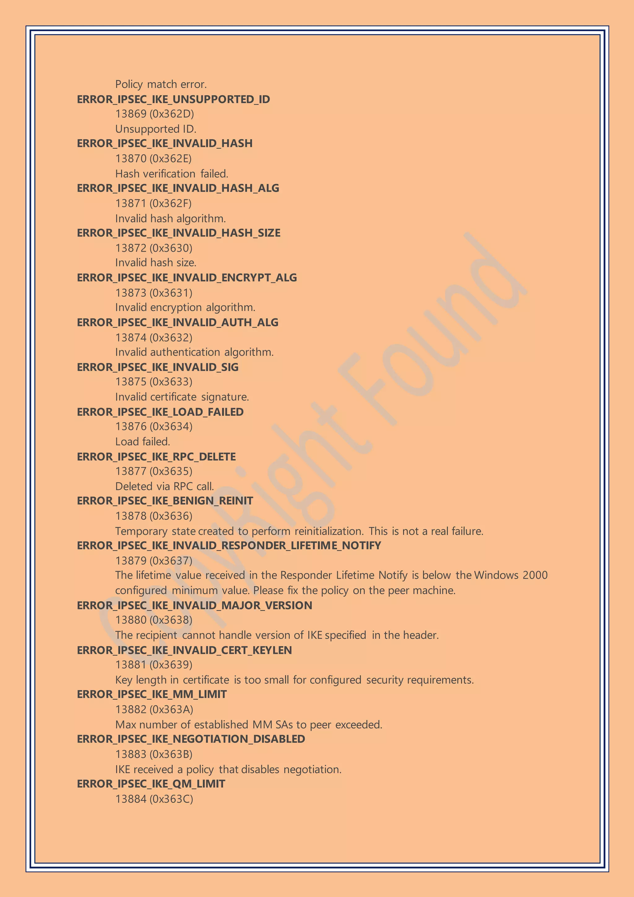 Policy match error.
ERROR_IPSEC_IKE_UNSUPPORTED_ID
13869 (0x362D)
Unsupported ID.
ERROR_IPSEC_IKE_INVALID_HASH
13870 (0x362E)
Hash verification failed.
ERROR_IPSEC_IKE_INVALID_HASH_ALG
13871 (0x362F)
Invalid hash algorithm.
ERROR_IPSEC_IKE_INVALID_HASH_SIZE
13872 (0x3630)
Invalid hash size.
ERROR_IPSEC_IKE_INVALID_ENCRYPT_ALG
13873 (0x3631)
Invalid encryption algorithm.
ERROR_IPSEC_IKE_INVALID_AUTH_ALG
13874 (0x3632)
Invalid authentication algorithm.
ERROR_IPSEC_IKE_INVALID_SIG
13875 (0x3633)
Invalid certificate signature.
ERROR_IPSEC_IKE_LOAD_FAILED
13876 (0x3634)
Load failed.
ERROR_IPSEC_IKE_RPC_DELETE
13877 (0x3635)
Deleted via RPC call.
ERROR_IPSEC_IKE_BENIGN_REINIT
13878 (0x3636)
Temporary state created to perform reinitialization. This is not a real failure.
ERROR_IPSEC_IKE_INVALID_RESPONDER_LIFETIME_NOTIFY
13879 (0x3637)
The lifetime value received in the Responder Lifetime Notify is below the Windows 2000
configured minimum value. Please fix the policy on the peer machine.
ERROR_IPSEC_IKE_INVALID_MAJOR_VERSION
13880 (0x3638)
The recipient cannot handle version of IKE specified in the header.
ERROR_IPSEC_IKE_INVALID_CERT_KEYLEN
13881 (0x3639)
Key length in certificate is too small for configured security requirements.
ERROR_IPSEC_IKE_MM_LIMIT
13882 (0x363A)
Max number of established MM SAs to peer exceeded.
ERROR_IPSEC_IKE_NEGOTIATION_DISABLED
13883 (0x363B)
IKE received a policy that disables negotiation.
ERROR_IPSEC_IKE_QM_LIMIT
13884 (0x363C)
 