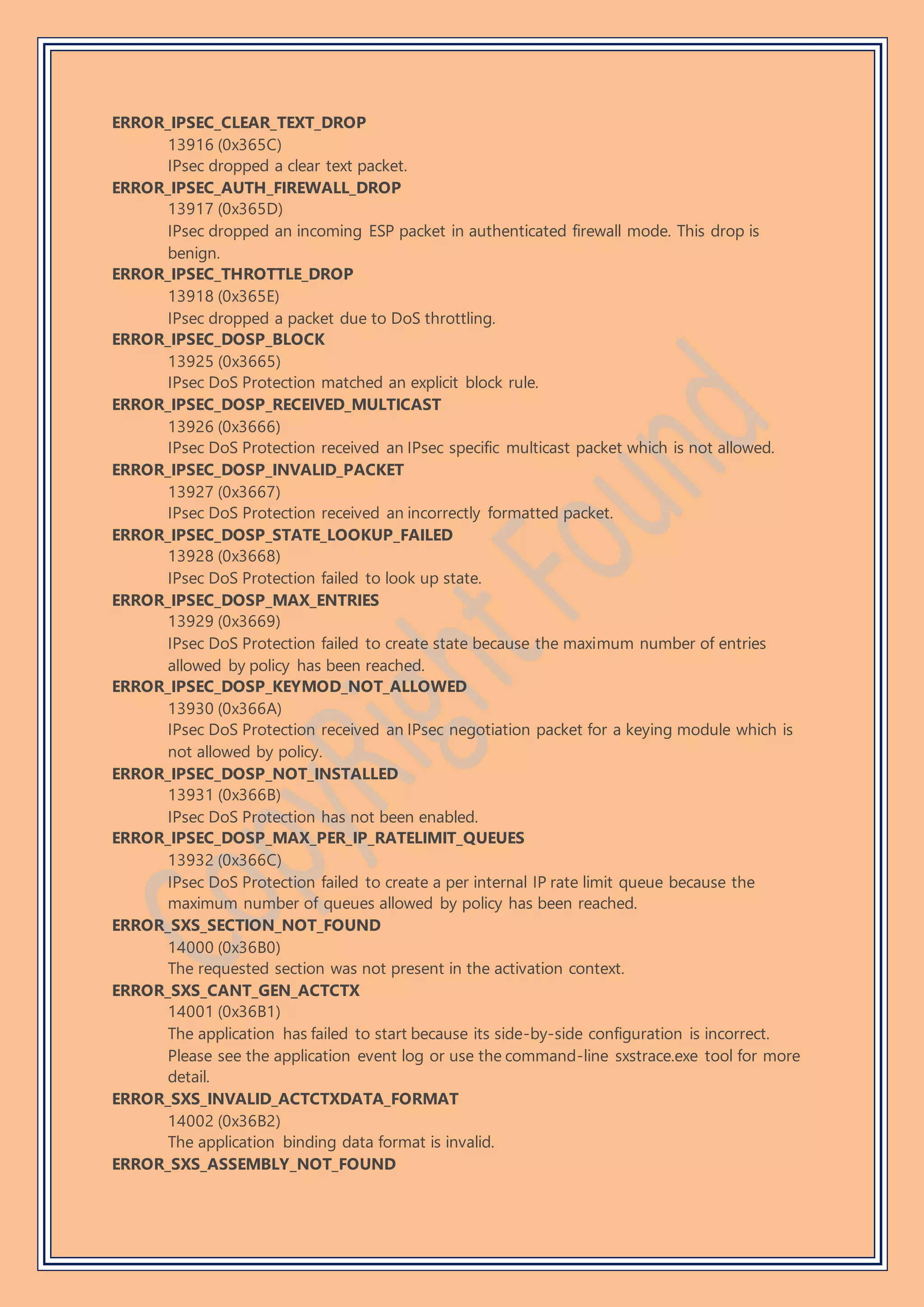 ERROR_IPSEC_CLEAR_TEXT_DROP
13916 (0x365C)
IPsec dropped a clear text packet.
ERROR_IPSEC_AUTH_FIREWALL_DROP
13917 (0x365D)
IPsec dropped an incoming ESP packet in authenticated firewall mode. This drop is
benign.
ERROR_IPSEC_THROTTLE_DROP
13918 (0x365E)
IPsec dropped a packet due to DoS throttling.
ERROR_IPSEC_DOSP_BLOCK
13925 (0x3665)
IPsec DoS Protection matched an explicit block rule.
ERROR_IPSEC_DOSP_RECEIVED_MULTICAST
13926 (0x3666)
IPsec DoS Protection received an IPsec specific multicast packet which is not allowed.
ERROR_IPSEC_DOSP_INVALID_PACKET
13927 (0x3667)
IPsec DoS Protection received an incorrectly formatted packet.
ERROR_IPSEC_DOSP_STATE_LOOKUP_FAILED
13928 (0x3668)
IPsec DoS Protection failed to look up state.
ERROR_IPSEC_DOSP_MAX_ENTRIES
13929 (0x3669)
IPsec DoS Protection failed to create state because the maximum number of entries
allowed by policy has been reached.
ERROR_IPSEC_DOSP_KEYMOD_NOT_ALLOWED
13930 (0x366A)
IPsec DoS Protection received an IPsec negotiation packet for a keying module which is
not allowed by policy.
ERROR_IPSEC_DOSP_NOT_INSTALLED
13931 (0x366B)
IPsec DoS Protection has not been enabled.
ERROR_IPSEC_DOSP_MAX_PER_IP_RATELIMIT_QUEUES
13932 (0x366C)
IPsec DoS Protection failed to create a per internal IP rate limit queue because the
maximum number of queues allowed by policy has been reached.
ERROR_SXS_SECTION_NOT_FOUND
14000 (0x36B0)
The requested section was not present in the activation context.
ERROR_SXS_CANT_GEN_ACTCTX
14001 (0x36B1)
The application has failed to start because its side-by-side configuration is incorrect.
Please see the application event log or use the command-line sxstrace.exe tool for more
detail.
ERROR_SXS_INVALID_ACTCTXDATA_FORMAT
14002 (0x36B2)
The application binding data format is invalid.
ERROR_SXS_ASSEMBLY_NOT_FOUND
 
