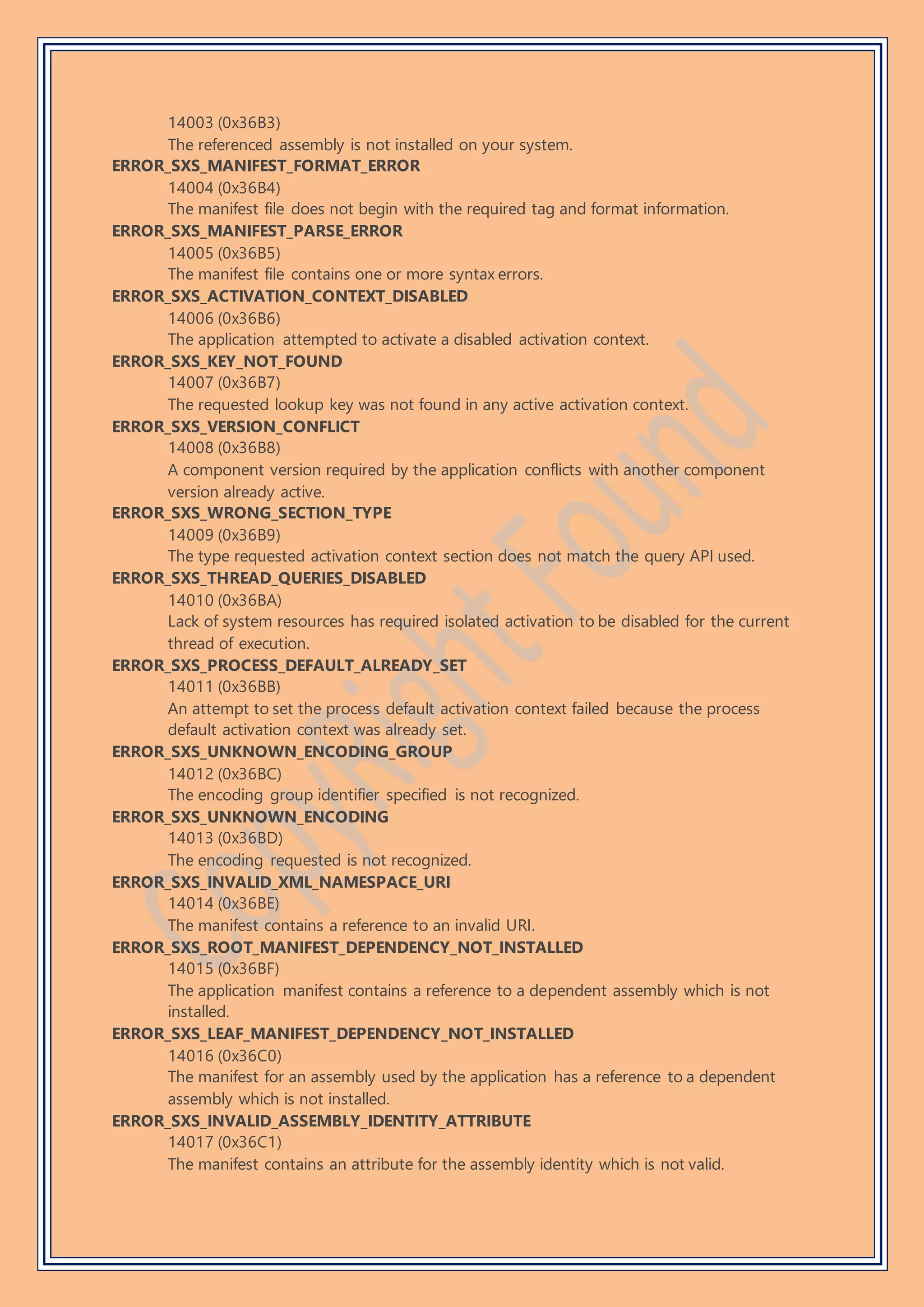 14003 (0x36B3)
The referenced assembly is not installed on your system.
ERROR_SXS_MANIFEST_FORMAT_ERROR
14004 (0x36B4)
The manifest file does not begin with the required tag and format information.
ERROR_SXS_MANIFEST_PARSE_ERROR
14005 (0x36B5)
The manifest file contains one or more syntax errors.
ERROR_SXS_ACTIVATION_CONTEXT_DISABLED
14006 (0x36B6)
The application attempted to activate a disabled activation context.
ERROR_SXS_KEY_NOT_FOUND
14007 (0x36B7)
The requested lookup key was not found in any active activation context.
ERROR_SXS_VERSION_CONFLICT
14008 (0x36B8)
A component version required by the application conflicts with another component
version already active.
ERROR_SXS_WRONG_SECTION_TYPE
14009 (0x36B9)
The type requested activation context section does not match the query API used.
ERROR_SXS_THREAD_QUERIES_DISABLED
14010 (0x36BA)
Lack of system resources has required isolated activation to be disabled for the current
thread of execution.
ERROR_SXS_PROCESS_DEFAULT_ALREADY_SET
14011 (0x36BB)
An attempt to set the process default activation context failed because the process
default activation context was already set.
ERROR_SXS_UNKNOWN_ENCODING_GROUP
14012 (0x36BC)
The encoding group identifier specified is not recognized.
ERROR_SXS_UNKNOWN_ENCODING
14013 (0x36BD)
The encoding requested is not recognized.
ERROR_SXS_INVALID_XML_NAMESPACE_URI
14014 (0x36BE)
The manifest contains a reference to an invalid URI.
ERROR_SXS_ROOT_MANIFEST_DEPENDENCY_NOT_INSTALLED
14015 (0x36BF)
The application manifest contains a reference to a dependent assembly which is not
installed.
ERROR_SXS_LEAF_MANIFEST_DEPENDENCY_NOT_INSTALLED
14016 (0x36C0)
The manifest for an assembly used by the application has a reference to a dependent
assembly which is not installed.
ERROR_SXS_INVALID_ASSEMBLY_IDENTITY_ATTRIBUTE
14017 (0x36C1)
The manifest contains an attribute for the assembly identity which is not valid.
 