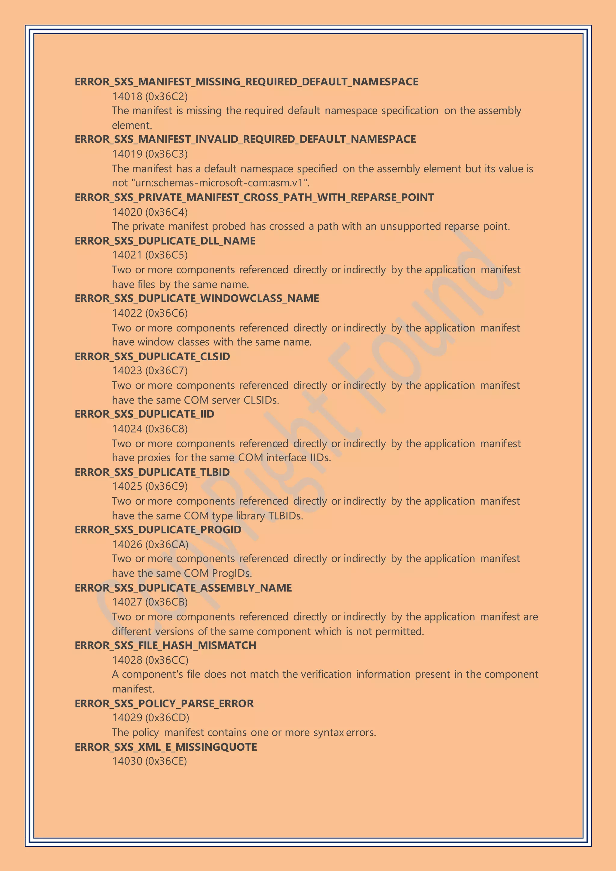 ERROR_SXS_MANIFEST_MISSING_REQUIRED_DEFAULT_NAMESPACE
14018 (0x36C2)
The manifest is missing the required default namespace specification on the assembly
element.
ERROR_SXS_MANIFEST_INVALID_REQUIRED_DEFAULT_NAMESPACE
14019 (0x36C3)
The manifest has a default namespace specified on the assembly element but its value is
not "urn:schemas-microsoft-com:asm.v1".
ERROR_SXS_PRIVATE_MANIFEST_CROSS_PATH_WITH_REPARSE_POINT
14020 (0x36C4)
The private manifest probed has crossed a path with an unsupported reparse point.
ERROR_SXS_DUPLICATE_DLL_NAME
14021 (0x36C5)
Two or more components referenced directly or indirectly by the application manifest
have files by the same name.
ERROR_SXS_DUPLICATE_WINDOWCLASS_NAME
14022 (0x36C6)
Two or more components referenced directly or indirectly by the application manifest
have window classes with the same name.
ERROR_SXS_DUPLICATE_CLSID
14023 (0x36C7)
Two or more components referenced directly or indirectly by the application manifest
have the same COM server CLSIDs.
ERROR_SXS_DUPLICATE_IID
14024 (0x36C8)
Two or more components referenced directly or indirectly by the application manifest
have proxies for the same COM interface IIDs.
ERROR_SXS_DUPLICATE_TLBID
14025 (0x36C9)
Two or more components referenced directly or indirectly by the application manifest
have the same COM type library TLBIDs.
ERROR_SXS_DUPLICATE_PROGID
14026 (0x36CA)
Two or more components referenced directly or indirectly by the application manifest
have the same COM ProgIDs.
ERROR_SXS_DUPLICATE_ASSEMBLY_NAME
14027 (0x36CB)
Two or more components referenced directly or indirectly by the application manifest are
different versions of the same component which is not permitted.
ERROR_SXS_FILE_HASH_MISMATCH
14028 (0x36CC)
A component's file does not match the verification information present in the component
manifest.
ERROR_SXS_POLICY_PARSE_ERROR
14029 (0x36CD)
The policy manifest contains one or more syntax errors.
ERROR_SXS_XML_E_MISSINGQUOTE
14030 (0x36CE)
 