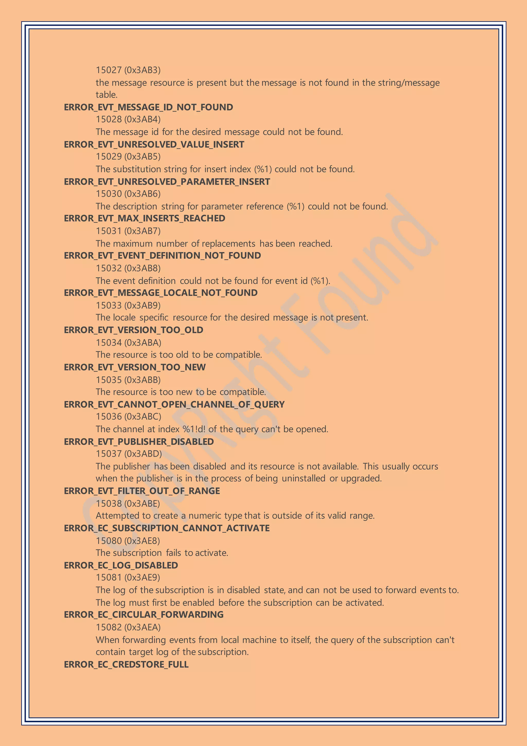 15027 (0x3AB3)
the message resource is present but the message is not found in the string/message
table.
ERROR_EVT_MESSAGE_ID_NOT_FOUND
15028 (0x3AB4)
The message id for the desired message could not be found.
ERROR_EVT_UNRESOLVED_VALUE_INSERT
15029 (0x3AB5)
The substitution string for insert index (%1) could not be found.
ERROR_EVT_UNRESOLVED_PARAMETER_INSERT
15030 (0x3AB6)
The description string for parameter reference (%1) could not be found.
ERROR_EVT_MAX_INSERTS_REACHED
15031 (0x3AB7)
The maximum number of replacements has been reached.
ERROR_EVT_EVENT_DEFINITION_NOT_FOUND
15032 (0x3AB8)
The event definition could not be found for event id (%1).
ERROR_EVT_MESSAGE_LOCALE_NOT_FOUND
15033 (0x3AB9)
The locale specific resource for the desired message is not present.
ERROR_EVT_VERSION_TOO_OLD
15034 (0x3ABA)
The resource is too old to be compatible.
ERROR_EVT_VERSION_TOO_NEW
15035 (0x3ABB)
The resource is too new to be compatible.
ERROR_EVT_CANNOT_OPEN_CHANNEL_OF_QUERY
15036 (0x3ABC)
The channel at index %1!d! of the query can't be opened.
ERROR_EVT_PUBLISHER_DISABLED
15037 (0x3ABD)
The publisher has been disabled and its resource is not available. This usually occurs
when the publisher is in the process of being uninstalled or upgraded.
ERROR_EVT_FILTER_OUT_OF_RANGE
15038 (0x3ABE)
Attempted to create a numeric type that is outside of its valid range.
ERROR_EC_SUBSCRIPTION_CANNOT_ACTIVATE
15080 (0x3AE8)
The subscription fails to activate.
ERROR_EC_LOG_DISABLED
15081 (0x3AE9)
The log of the subscription is in disabled state, and can not be used to forward events to.
The log must first be enabled before the subscription can be activated.
ERROR_EC_CIRCULAR_FORWARDING
15082 (0x3AEA)
When forwarding events from local machine to itself, the query of the subscription can't
contain target log of the subscription.
ERROR_EC_CREDSTORE_FULL
 