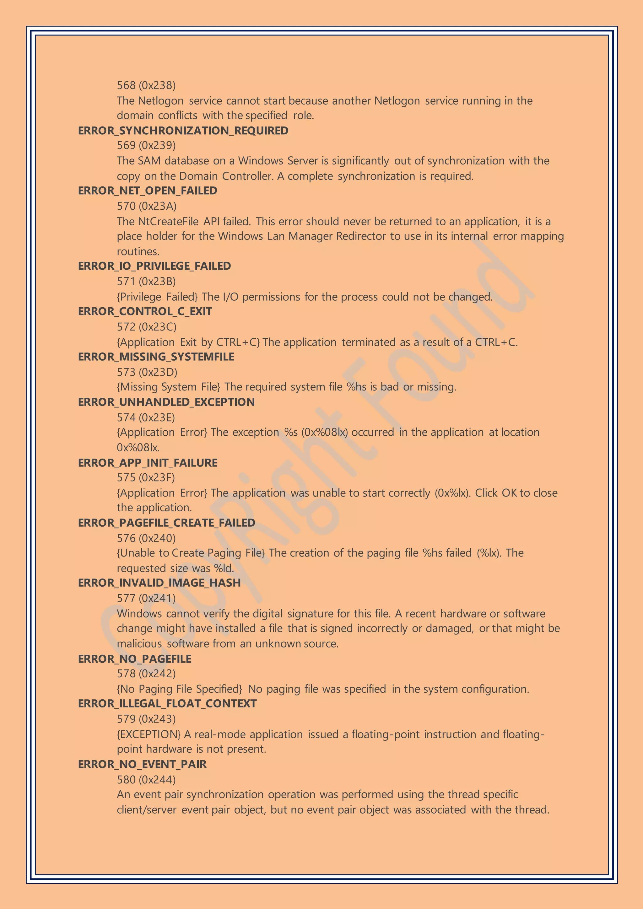 568 (0x238)
The Netlogon service cannot start because another Netlogon service running in the
domain conflicts with the specified role.
ERROR_SYNCHRONIZATION_REQUIRED
569 (0x239)
The SAM database on a Windows Server is significantly out of synchronization with the
copy on the Domain Controller. A complete synchronization is required.
ERROR_NET_OPEN_FAILED
570 (0x23A)
The NtCreateFile API failed. This error should never be returned to an application, it is a
place holder for the Windows Lan Manager Redirector to use in its internal error mapping
routines.
ERROR_IO_PRIVILEGE_FAILED
571 (0x23B)
{Privilege Failed} The I/O permissions for the process could not be changed.
ERROR_CONTROL_C_EXIT
572 (0x23C)
{Application Exit by CTRL+C} The application terminated as a result of a CTRL+C.
ERROR_MISSING_SYSTEMFILE
573 (0x23D)
{Missing System File} The required system file %hs is bad or missing.
ERROR_UNHANDLED_EXCEPTION
574 (0x23E)
{Application Error} The exception %s (0x%08lx) occurred in the application at location
0x%08lx.
ERROR_APP_INIT_FAILURE
575 (0x23F)
{Application Error} The application was unable to start correctly (0x%lx). Click OK to close
the application.
ERROR_PAGEFILE_CREATE_FAILED
576 (0x240)
{Unable to Create Paging File} The creation of the paging file %hs failed (%lx). The
requested size was %ld.
ERROR_INVALID_IMAGE_HASH
577 (0x241)
Windows cannot verify the digital signature for this file. A recent hardware or software
change might have installed a file that is signed incorrectly or damaged, or that might be
malicious software from an unknown source.
ERROR_NO_PAGEFILE
578 (0x242)
{No Paging File Specified} No paging file was specified in the system configuration.
ERROR_ILLEGAL_FLOAT_CONTEXT
579 (0x243)
{EXCEPTION} A real-mode application issued a floating-point instruction and floating-
point hardware is not present.
ERROR_NO_EVENT_PAIR
580 (0x244)
An event pair synchronization operation was performed using the thread specific
client/server event pair object, but no event pair object was associated with the thread.
 