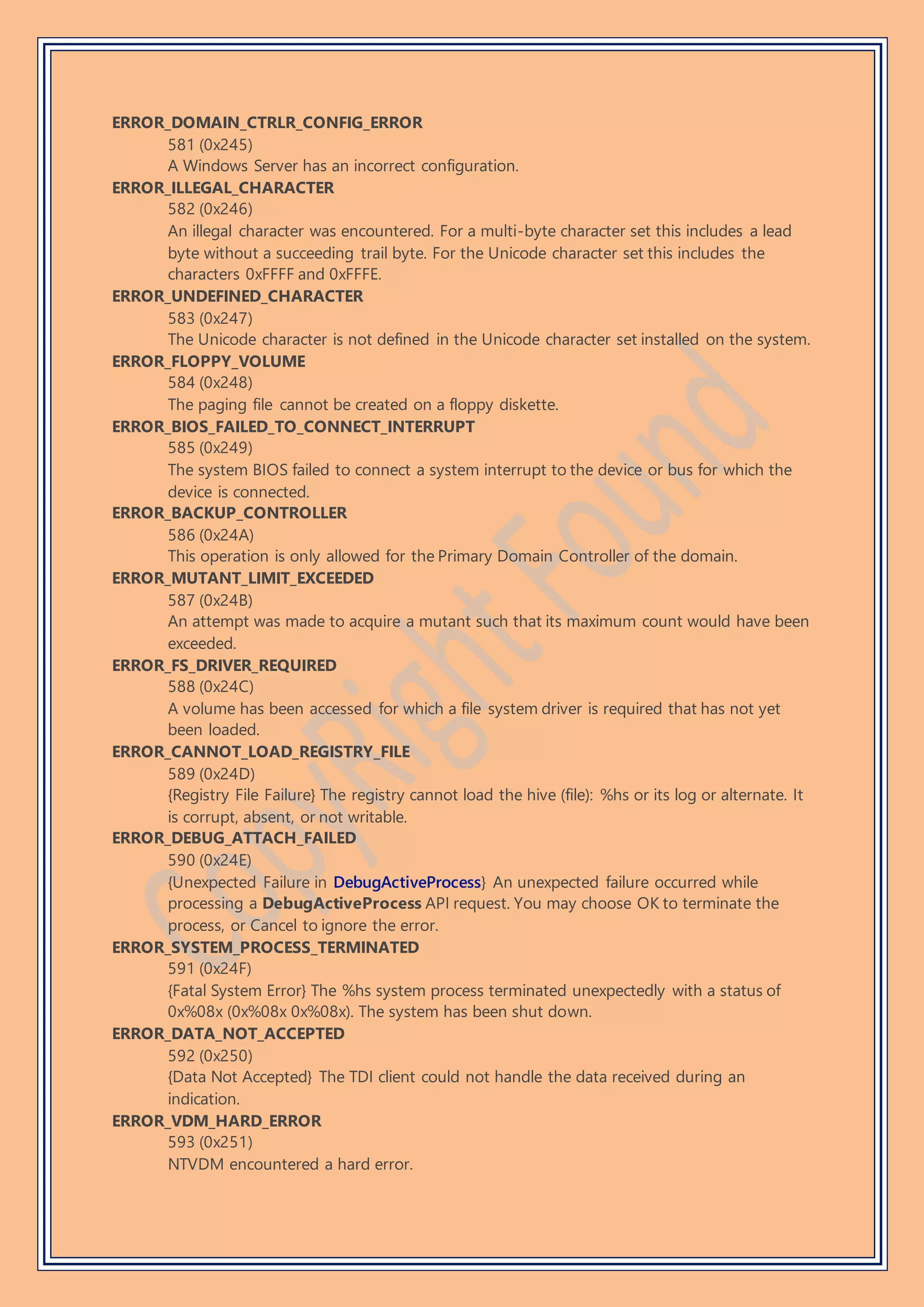 ERROR_DOMAIN_CTRLR_CONFIG_ERROR
581 (0x245)
A Windows Server has an incorrect configuration.
ERROR_ILLEGAL_CHARACTER
582 (0x246)
An illegal character was encountered. For a multi-byte character set this includes a lead
byte without a succeeding trail byte. For the Unicode character set this includes the
characters 0xFFFF and 0xFFFE.
ERROR_UNDEFINED_CHARACTER
583 (0x247)
The Unicode character is not defined in the Unicode character set installed on the system.
ERROR_FLOPPY_VOLUME
584 (0x248)
The paging file cannot be created on a floppy diskette.
ERROR_BIOS_FAILED_TO_CONNECT_INTERRUPT
585 (0x249)
The system BIOS failed to connect a system interrupt to the device or bus for which the
device is connected.
ERROR_BACKUP_CONTROLLER
586 (0x24A)
This operation is only allowed for the Primary Domain Controller of the domain.
ERROR_MUTANT_LIMIT_EXCEEDED
587 (0x24B)
An attempt was made to acquire a mutant such that its maximum count would have been
exceeded.
ERROR_FS_DRIVER_REQUIRED
588 (0x24C)
A volume has been accessed for which a file system driver is required that has not yet
been loaded.
ERROR_CANNOT_LOAD_REGISTRY_FILE
589 (0x24D)
{Registry File Failure} The registry cannot load the hive (file): %hs or its log or alternate. It
is corrupt, absent, or not writable.
ERROR_DEBUG_ATTACH_FAILED
590 (0x24E)
{Unexpected Failure in DebugActiveProcess} An unexpected failure occurred while
processing a DebugActiveProcess API request. You may choose OK to terminate the
process, or Cancel to ignore the error.
ERROR_SYSTEM_PROCESS_TERMINATED
591 (0x24F)
{Fatal System Error} The %hs system process terminated unexpectedly with a status of
0x%08x (0x%08x 0x%08x). The system has been shut down.
ERROR_DATA_NOT_ACCEPTED
592 (0x250)
{Data Not Accepted} The TDI client could not handle the data received during an
indication.
ERROR_VDM_HARD_ERROR
593 (0x251)
NTVDM encountered a hard error.
 