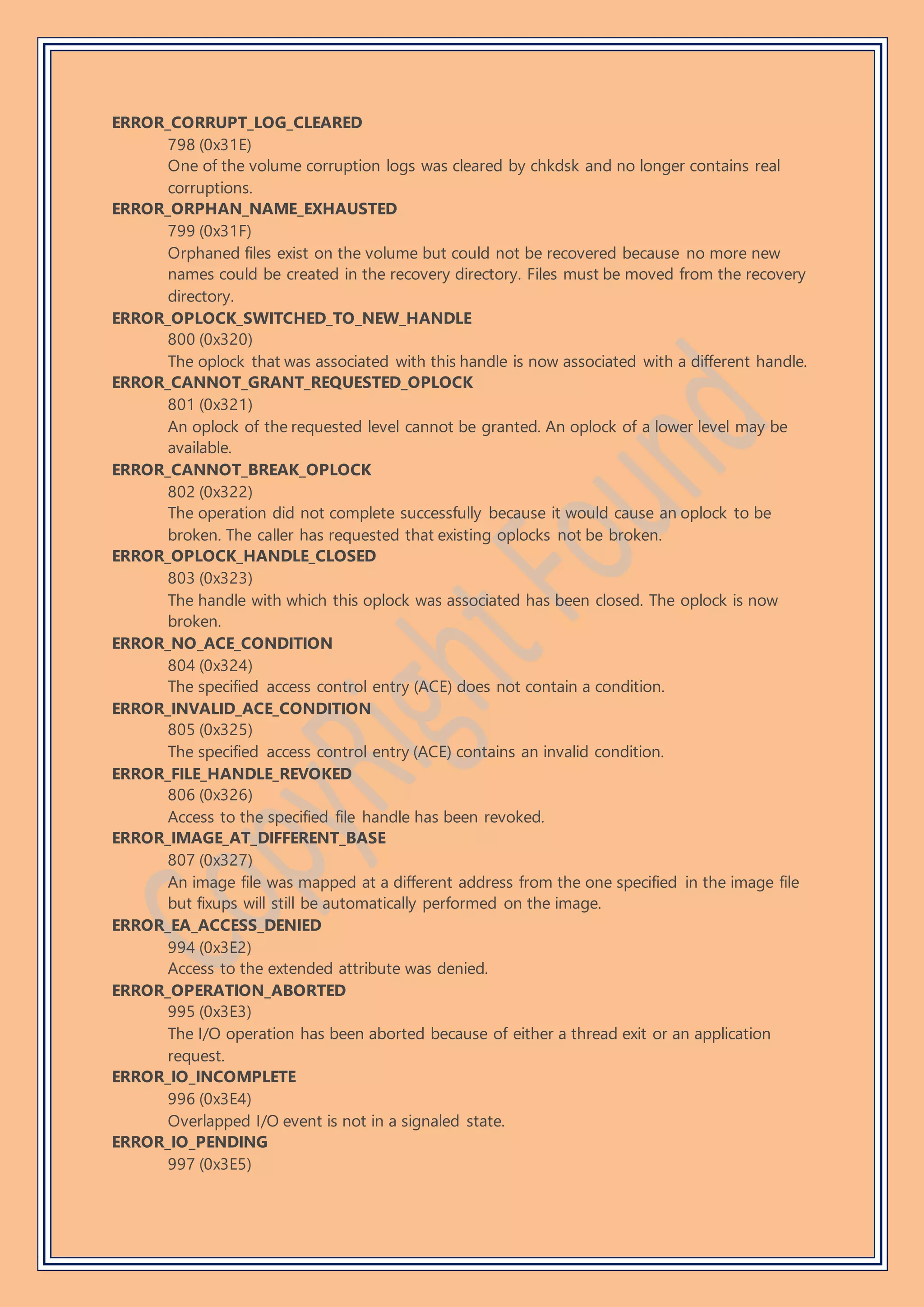 ERROR_CORRUPT_LOG_CLEARED
798 (0x31E)
One of the volume corruption logs was cleared by chkdsk and no longer contains real
corruptions.
ERROR_ORPHAN_NAME_EXHAUSTED
799 (0x31F)
Orphaned files exist on the volume but could not be recovered because no more new
names could be created in the recovery directory. Files must be moved from the recovery
directory.
ERROR_OPLOCK_SWITCHED_TO_NEW_HANDLE
800 (0x320)
The oplock that was associated with this handle is now associated with a different handle.
ERROR_CANNOT_GRANT_REQUESTED_OPLOCK
801 (0x321)
An oplock of the requested level cannot be granted. An oplock of a lower level may be
available.
ERROR_CANNOT_BREAK_OPLOCK
802 (0x322)
The operation did not complete successfully because it would cause an oplock to be
broken. The caller has requested that existing oplocks not be broken.
ERROR_OPLOCK_HANDLE_CLOSED
803 (0x323)
The handle with which this oplock was associated has been closed. The oplock is now
broken.
ERROR_NO_ACE_CONDITION
804 (0x324)
The specified access control entry (ACE) does not contain a condition.
ERROR_INVALID_ACE_CONDITION
805 (0x325)
The specified access control entry (ACE) contains an invalid condition.
ERROR_FILE_HANDLE_REVOKED
806 (0x326)
Access to the specified file handle has been revoked.
ERROR_IMAGE_AT_DIFFERENT_BASE
807 (0x327)
An image file was mapped at a different address from the one specified in the image file
but fixups will still be automatically performed on the image.
ERROR_EA_ACCESS_DENIED
994 (0x3E2)
Access to the extended attribute was denied.
ERROR_OPERATION_ABORTED
995 (0x3E3)
The I/O operation has been aborted because of either a thread exit or an application
request.
ERROR_IO_INCOMPLETE
996 (0x3E4)
Overlapped I/O event is not in a signaled state.
ERROR_IO_PENDING
997 (0x3E5)
 