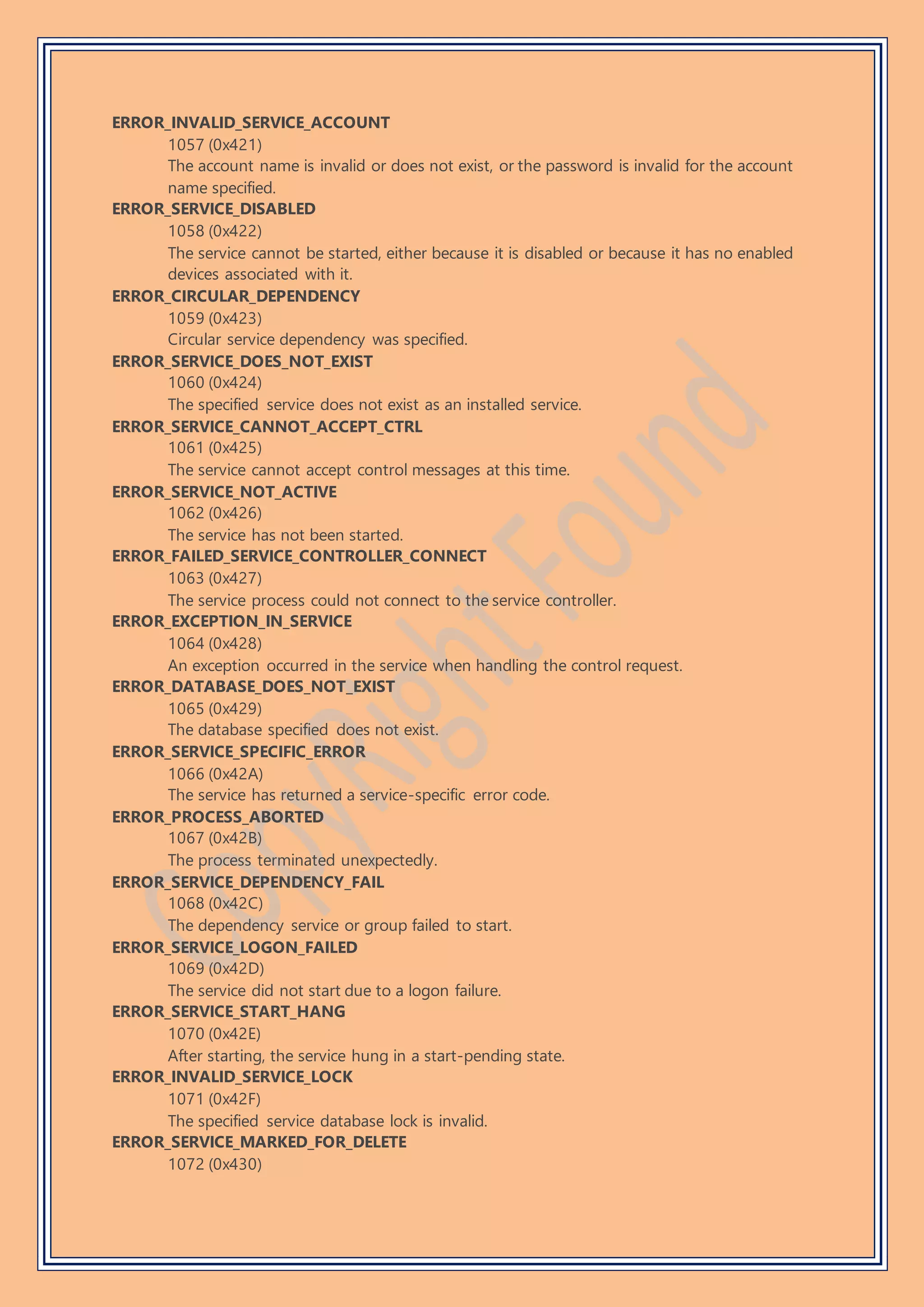 ERROR_INVALID_SERVICE_ACCOUNT
1057 (0x421)
The account name is invalid or does not exist, or the password is invalid for the account
name specified.
ERROR_SERVICE_DISABLED
1058 (0x422)
The service cannot be started, either because it is disabled or because it has no enabled
devices associated with it.
ERROR_CIRCULAR_DEPENDENCY
1059 (0x423)
Circular service dependency was specified.
ERROR_SERVICE_DOES_NOT_EXIST
1060 (0x424)
The specified service does not exist as an installed service.
ERROR_SERVICE_CANNOT_ACCEPT_CTRL
1061 (0x425)
The service cannot accept control messages at this time.
ERROR_SERVICE_NOT_ACTIVE
1062 (0x426)
The service has not been started.
ERROR_FAILED_SERVICE_CONTROLLER_CONNECT
1063 (0x427)
The service process could not connect to the service controller.
ERROR_EXCEPTION_IN_SERVICE
1064 (0x428)
An exception occurred in the service when handling the control request.
ERROR_DATABASE_DOES_NOT_EXIST
1065 (0x429)
The database specified does not exist.
ERROR_SERVICE_SPECIFIC_ERROR
1066 (0x42A)
The service has returned a service-specific error code.
ERROR_PROCESS_ABORTED
1067 (0x42B)
The process terminated unexpectedly.
ERROR_SERVICE_DEPENDENCY_FAIL
1068 (0x42C)
The dependency service or group failed to start.
ERROR_SERVICE_LOGON_FAILED
1069 (0x42D)
The service did not start due to a logon failure.
ERROR_SERVICE_START_HANG
1070 (0x42E)
After starting, the service hung in a start-pending state.
ERROR_INVALID_SERVICE_LOCK
1071 (0x42F)
The specified service database lock is invalid.
ERROR_SERVICE_MARKED_FOR_DELETE
1072 (0x430)
 