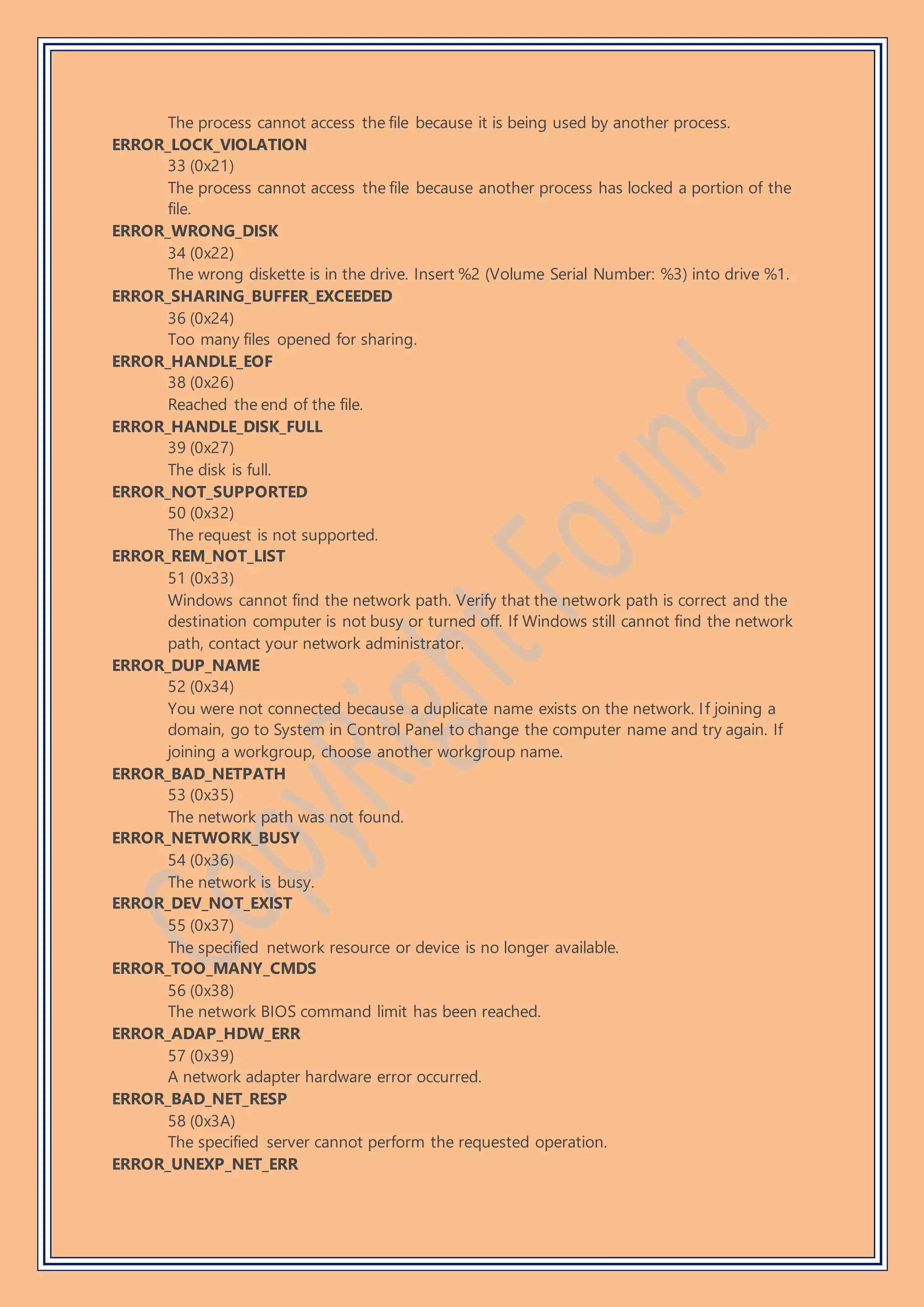 The process cannot access the file because it is being used by another process.
ERROR_LOCK_VIOLATION
33 (0x21)
The process cannot access the file because another process has locked a portion of the
file.
ERROR_WRONG_DISK
34 (0x22)
The wrong diskette is in the drive. Insert %2 (Volume Serial Number: %3) into drive %1.
ERROR_SHARING_BUFFER_EXCEEDED
36 (0x24)
Too many files opened for sharing.
ERROR_HANDLE_EOF
38 (0x26)
Reached the end of the file.
ERROR_HANDLE_DISK_FULL
39 (0x27)
The disk is full.
ERROR_NOT_SUPPORTED
50 (0x32)
The request is not supported.
ERROR_REM_NOT_LIST
51 (0x33)
Windows cannot find the network path. Verify that the network path is correct and the
destination computer is not busy or turned off. If Windows still cannot find the network
path, contact your network administrator.
ERROR_DUP_NAME
52 (0x34)
You were not connected because a duplicate name exists on the network. If joining a
domain, go to System in Control Panel to change the computer name and try again. If
joining a workgroup, choose another workgroup name.
ERROR_BAD_NETPATH
53 (0x35)
The network path was not found.
ERROR_NETWORK_BUSY
54 (0x36)
The network is busy.
ERROR_DEV_NOT_EXIST
55 (0x37)
The specified network resource or device is no longer available.
ERROR_TOO_MANY_CMDS
56 (0x38)
The network BIOS command limit has been reached.
ERROR_ADAP_HDW_ERR
57 (0x39)
A network adapter hardware error occurred.
ERROR_BAD_NET_RESP
58 (0x3A)
The specified server cannot perform the requested operation.
ERROR_UNEXP_NET_ERR
 