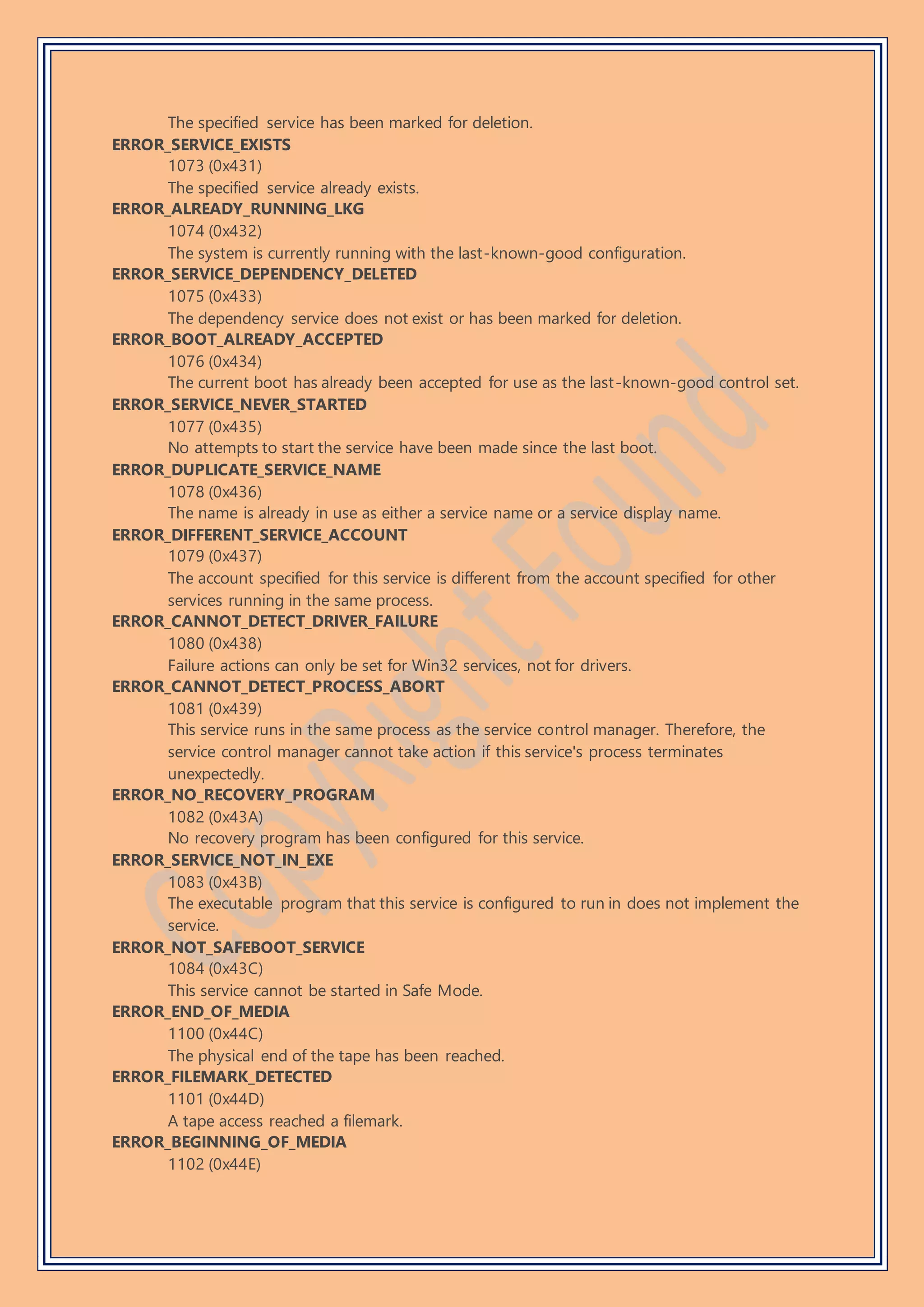 The specified service has been marked for deletion.
ERROR_SERVICE_EXISTS
1073 (0x431)
The specified service already exists.
ERROR_ALREADY_RUNNING_LKG
1074 (0x432)
The system is currently running with the last-known-good configuration.
ERROR_SERVICE_DEPENDENCY_DELETED
1075 (0x433)
The dependency service does not exist or has been marked for deletion.
ERROR_BOOT_ALREADY_ACCEPTED
1076 (0x434)
The current boot has already been accepted for use as the last-known-good control set.
ERROR_SERVICE_NEVER_STARTED
1077 (0x435)
No attempts to start the service have been made since the last boot.
ERROR_DUPLICATE_SERVICE_NAME
1078 (0x436)
The name is already in use as either a service name or a service display name.
ERROR_DIFFERENT_SERVICE_ACCOUNT
1079 (0x437)
The account specified for this service is different from the account specified for other
services running in the same process.
ERROR_CANNOT_DETECT_DRIVER_FAILURE
1080 (0x438)
Failure actions can only be set for Win32 services, not for drivers.
ERROR_CANNOT_DETECT_PROCESS_ABORT
1081 (0x439)
This service runs in the same process as the service control manager. Therefore, the
service control manager cannot take action if this service's process terminates
unexpectedly.
ERROR_NO_RECOVERY_PROGRAM
1082 (0x43A)
No recovery program has been configured for this service.
ERROR_SERVICE_NOT_IN_EXE
1083 (0x43B)
The executable program that this service is configured to run in does not implement the
service.
ERROR_NOT_SAFEBOOT_SERVICE
1084 (0x43C)
This service cannot be started in Safe Mode.
ERROR_END_OF_MEDIA
1100 (0x44C)
The physical end of the tape has been reached.
ERROR_FILEMARK_DETECTED
1101 (0x44D)
A tape access reached a filemark.
ERROR_BEGINNING_OF_MEDIA
1102 (0x44E)
 