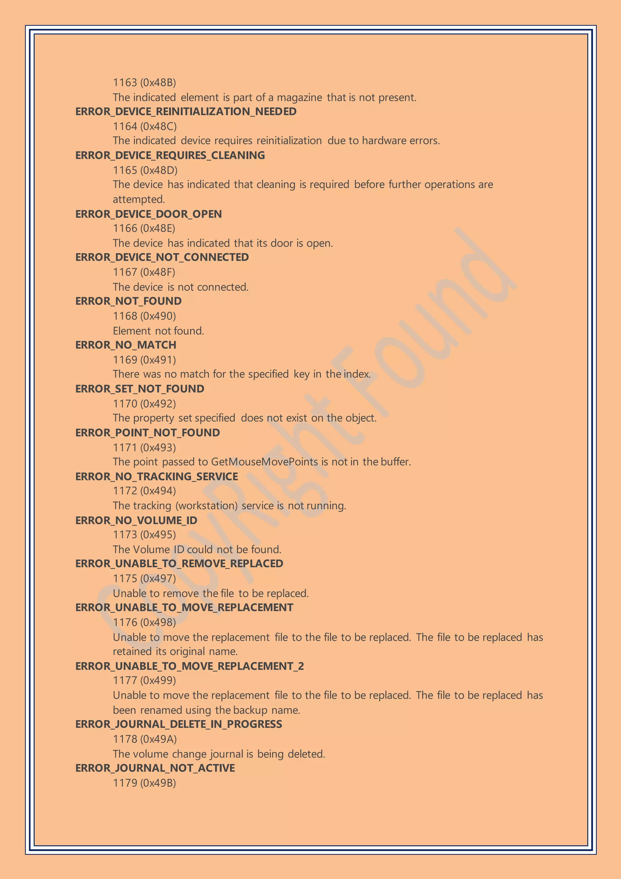 1163 (0x48B)
The indicated element is part of a magazine that is not present.
ERROR_DEVICE_REINITIALIZATION_NEEDED
1164 (0x48C)
The indicated device requires reinitialization due to hardware errors.
ERROR_DEVICE_REQUIRES_CLEANING
1165 (0x48D)
The device has indicated that cleaning is required before further operations are
attempted.
ERROR_DEVICE_DOOR_OPEN
1166 (0x48E)
The device has indicated that its door is open.
ERROR_DEVICE_NOT_CONNECTED
1167 (0x48F)
The device is not connected.
ERROR_NOT_FOUND
1168 (0x490)
Element not found.
ERROR_NO_MATCH
1169 (0x491)
There was no match for the specified key in the index.
ERROR_SET_NOT_FOUND
1170 (0x492)
The property set specified does not exist on the object.
ERROR_POINT_NOT_FOUND
1171 (0x493)
The point passed to GetMouseMovePoints is not in the buffer.
ERROR_NO_TRACKING_SERVICE
1172 (0x494)
The tracking (workstation) service is not running.
ERROR_NO_VOLUME_ID
1173 (0x495)
The Volume ID could not be found.
ERROR_UNABLE_TO_REMOVE_REPLACED
1175 (0x497)
Unable to remove the file to be replaced.
ERROR_UNABLE_TO_MOVE_REPLACEMENT
1176 (0x498)
Unable to move the replacement file to the file to be replaced. The file to be replaced has
retained its original name.
ERROR_UNABLE_TO_MOVE_REPLACEMENT_2
1177 (0x499)
Unable to move the replacement file to the file to be replaced. The file to be replaced has
been renamed using the backup name.
ERROR_JOURNAL_DELETE_IN_PROGRESS
1178 (0x49A)
The volume change journal is being deleted.
ERROR_JOURNAL_NOT_ACTIVE
1179 (0x49B)
 