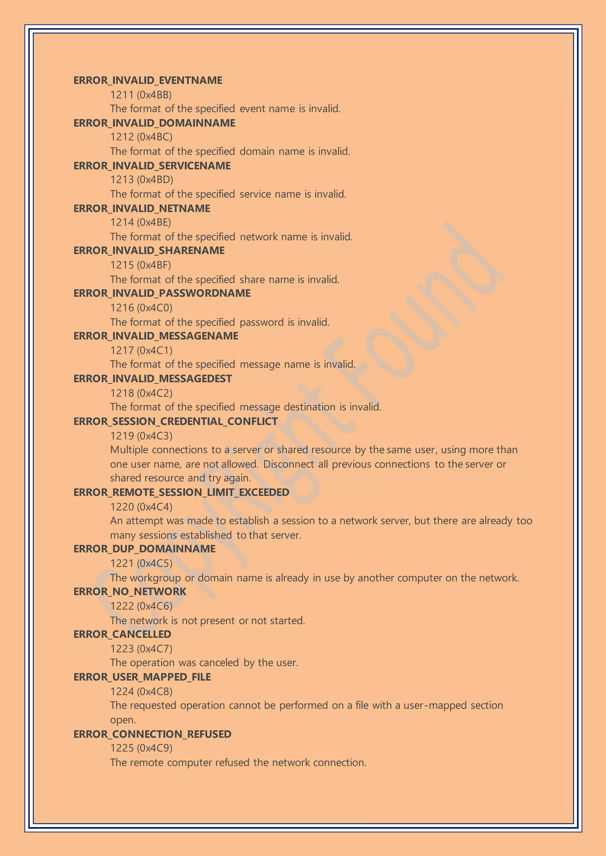 ERROR_INVALID_EVENTNAME
1211 (0x4BB)
The format of the specified event name is invalid.
ERROR_INVALID_DOMAINNAME
1212 (0x4BC)
The format of the specified domain name is invalid.
ERROR_INVALID_SERVICENAME
1213 (0x4BD)
The format of the specified service name is invalid.
ERROR_INVALID_NETNAME
1214 (0x4BE)
The format of the specified network name is invalid.
ERROR_INVALID_SHARENAME
1215 (0x4BF)
The format of the specified share name is invalid.
ERROR_INVALID_PASSWORDNAME
1216 (0x4C0)
The format of the specified password is invalid.
ERROR_INVALID_MESSAGENAME
1217 (0x4C1)
The format of the specified message name is invalid.
ERROR_INVALID_MESSAGEDEST
1218 (0x4C2)
The format of the specified message destination is invalid.
ERROR_SESSION_CREDENTIAL_CONFLICT
1219 (0x4C3)
Multiple connections to a server or shared resource by the same user, using more than
one user name, are not allowed. Disconnect all previous connections to the server or
shared resource and try again.
ERROR_REMOTE_SESSION_LIMIT_EXCEEDED
1220 (0x4C4)
An attempt was made to establish a session to a network server, but there are already too
many sessions established to that server.
ERROR_DUP_DOMAINNAME
1221 (0x4C5)
The workgroup or domain name is already in use by another computer on the network.
ERROR_NO_NETWORK
1222 (0x4C6)
The network is not present or not started.
ERROR_CANCELLED
1223 (0x4C7)
The operation was canceled by the user.
ERROR_USER_MAPPED_FILE
1224 (0x4C8)
The requested operation cannot be performed on a file with a user-mapped section
open.
ERROR_CONNECTION_REFUSED
1225 (0x4C9)
The remote computer refused the network connection.
 