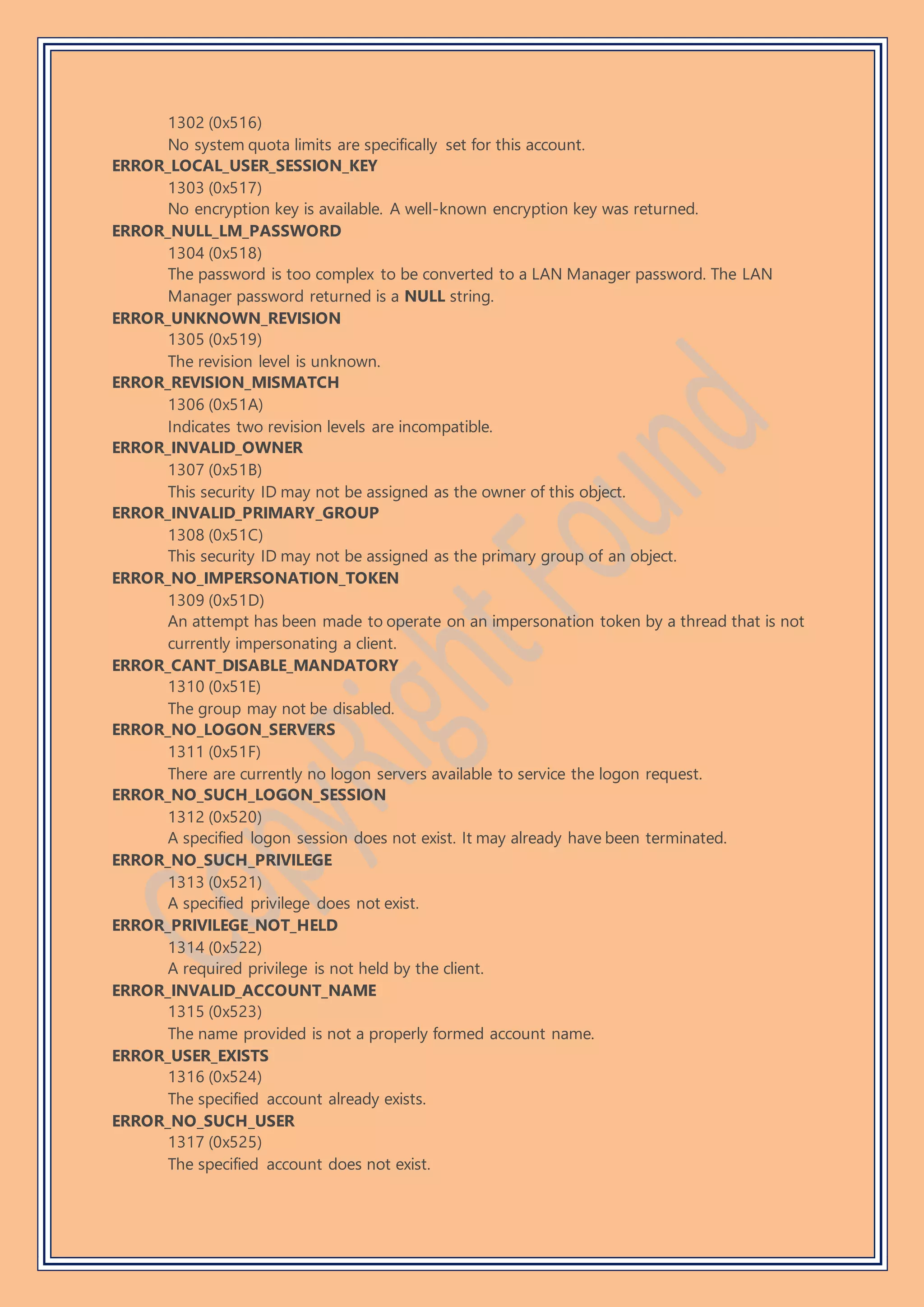 1302 (0x516)
No system quota limits are specifically set for this account.
ERROR_LOCAL_USER_SESSION_KEY
1303 (0x517)
No encryption key is available. A well-known encryption key was returned.
ERROR_NULL_LM_PASSWORD
1304 (0x518)
The password is too complex to be converted to a LAN Manager password. The LAN
Manager password returned is a NULL string.
ERROR_UNKNOWN_REVISION
1305 (0x519)
The revision level is unknown.
ERROR_REVISION_MISMATCH
1306 (0x51A)
Indicates two revision levels are incompatible.
ERROR_INVALID_OWNER
1307 (0x51B)
This security ID may not be assigned as the owner of this object.
ERROR_INVALID_PRIMARY_GROUP
1308 (0x51C)
This security ID may not be assigned as the primary group of an object.
ERROR_NO_IMPERSONATION_TOKEN
1309 (0x51D)
An attempt has been made to operate on an impersonation token by a thread that is not
currently impersonating a client.
ERROR_CANT_DISABLE_MANDATORY
1310 (0x51E)
The group may not be disabled.
ERROR_NO_LOGON_SERVERS
1311 (0x51F)
There are currently no logon servers available to service the logon request.
ERROR_NO_SUCH_LOGON_SESSION
1312 (0x520)
A specified logon session does not exist. It may already have been terminated.
ERROR_NO_SUCH_PRIVILEGE
1313 (0x521)
A specified privilege does not exist.
ERROR_PRIVILEGE_NOT_HELD
1314 (0x522)
A required privilege is not held by the client.
ERROR_INVALID_ACCOUNT_NAME
1315 (0x523)
The name provided is not a properly formed account name.
ERROR_USER_EXISTS
1316 (0x524)
The specified account already exists.
ERROR_NO_SUCH_USER
1317 (0x525)
The specified account does not exist.
 