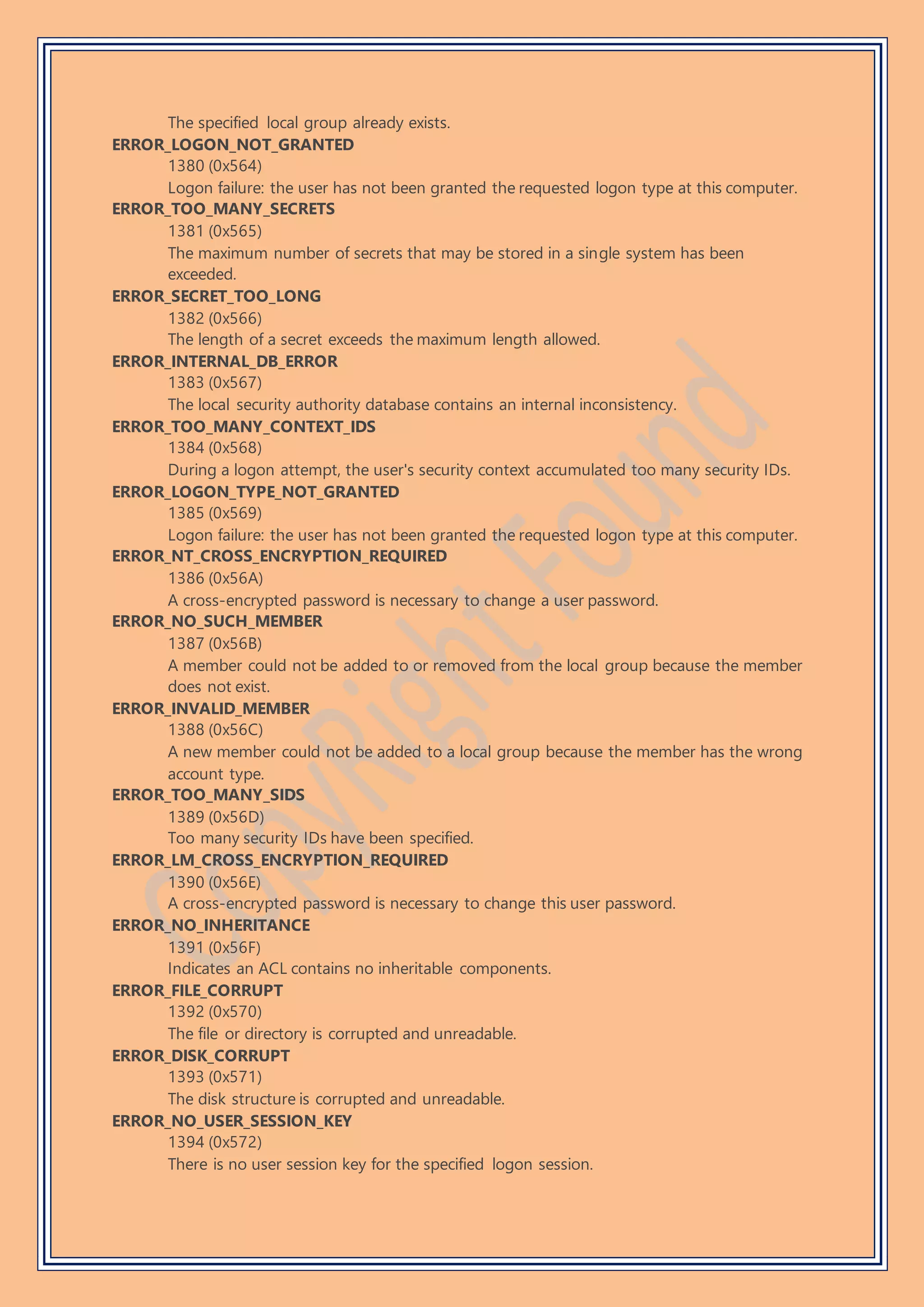 The specified local group already exists.
ERROR_LOGON_NOT_GRANTED
1380 (0x564)
Logon failure: the user has not been granted the requested logon type at this computer.
ERROR_TOO_MANY_SECRETS
1381 (0x565)
The maximum number of secrets that may be stored in a single system has been
exceeded.
ERROR_SECRET_TOO_LONG
1382 (0x566)
The length of a secret exceeds the maximum length allowed.
ERROR_INTERNAL_DB_ERROR
1383 (0x567)
The local security authority database contains an internal inconsistency.
ERROR_TOO_MANY_CONTEXT_IDS
1384 (0x568)
During a logon attempt, the user's security context accumulated too many security IDs.
ERROR_LOGON_TYPE_NOT_GRANTED
1385 (0x569)
Logon failure: the user has not been granted the requested logon type at this computer.
ERROR_NT_CROSS_ENCRYPTION_REQUIRED
1386 (0x56A)
A cross-encrypted password is necessary to change a user password.
ERROR_NO_SUCH_MEMBER
1387 (0x56B)
A member could not be added to or removed from the local group because the member
does not exist.
ERROR_INVALID_MEMBER
1388 (0x56C)
A new member could not be added to a local group because the member has the wrong
account type.
ERROR_TOO_MANY_SIDS
1389 (0x56D)
Too many security IDs have been specified.
ERROR_LM_CROSS_ENCRYPTION_REQUIRED
1390 (0x56E)
A cross-encrypted password is necessary to change this user password.
ERROR_NO_INHERITANCE
1391 (0x56F)
Indicates an ACL contains no inheritable components.
ERROR_FILE_CORRUPT
1392 (0x570)
The file or directory is corrupted and unreadable.
ERROR_DISK_CORRUPT
1393 (0x571)
The disk structure is corrupted and unreadable.
ERROR_NO_USER_SESSION_KEY
1394 (0x572)
There is no user session key for the specified logon session.
 