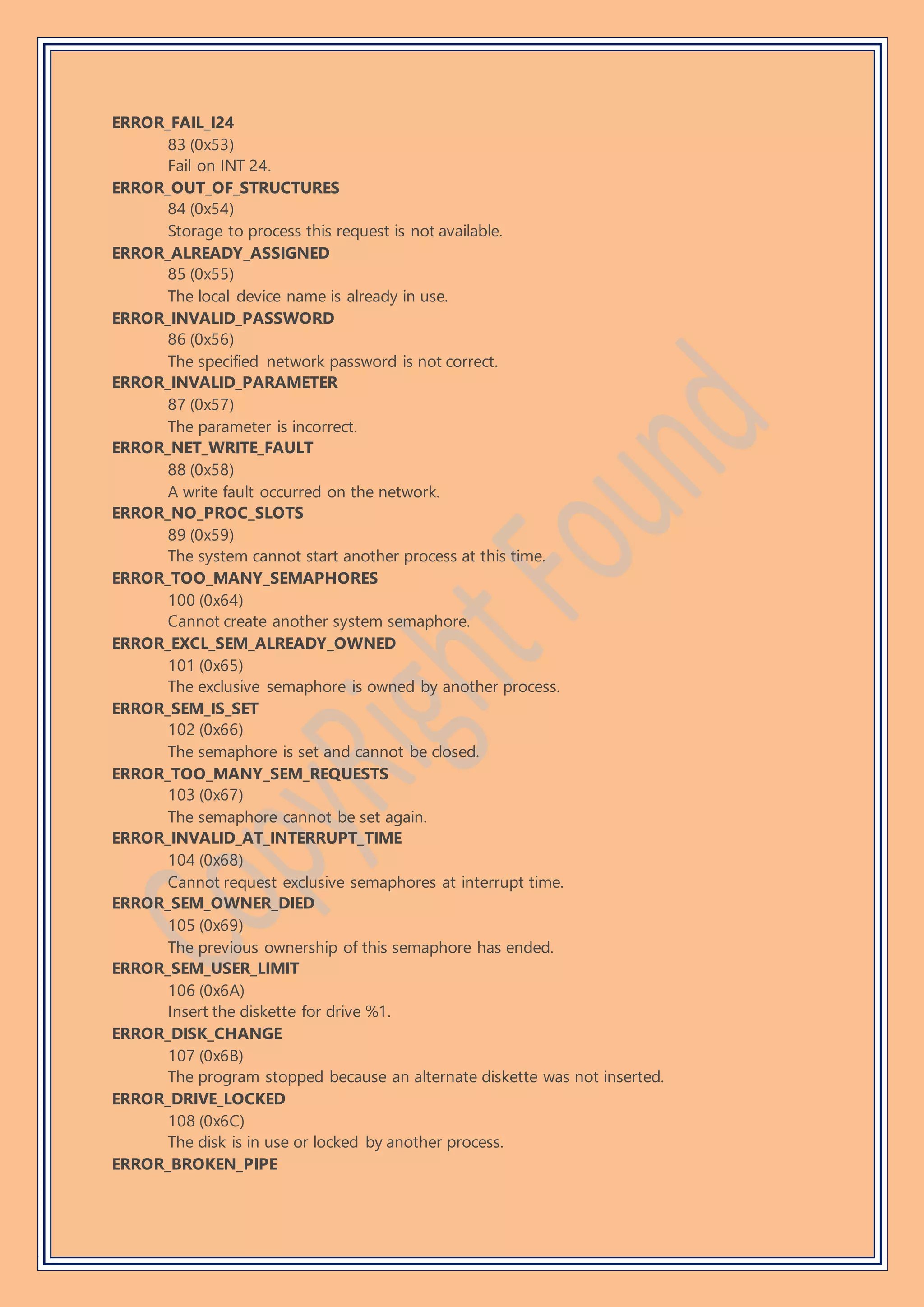 ERROR_FAIL_I24
83 (0x53)
Fail on INT 24.
ERROR_OUT_OF_STRUCTURES
84 (0x54)
Storage to process this request is not available.
ERROR_ALREADY_ASSIGNED
85 (0x55)
The local device name is already in use.
ERROR_INVALID_PASSWORD
86 (0x56)
The specified network password is not correct.
ERROR_INVALID_PARAMETER
87 (0x57)
The parameter is incorrect.
ERROR_NET_WRITE_FAULT
88 (0x58)
A write fault occurred on the network.
ERROR_NO_PROC_SLOTS
89 (0x59)
The system cannot start another process at this time.
ERROR_TOO_MANY_SEMAPHORES
100 (0x64)
Cannot create another system semaphore.
ERROR_EXCL_SEM_ALREADY_OWNED
101 (0x65)
The exclusive semaphore is owned by another process.
ERROR_SEM_IS_SET
102 (0x66)
The semaphore is set and cannot be closed.
ERROR_TOO_MANY_SEM_REQUESTS
103 (0x67)
The semaphore cannot be set again.
ERROR_INVALID_AT_INTERRUPT_TIME
104 (0x68)
Cannot request exclusive semaphores at interrupt time.
ERROR_SEM_OWNER_DIED
105 (0x69)
The previous ownership of this semaphore has ended.
ERROR_SEM_USER_LIMIT
106 (0x6A)
Insert the diskette for drive %1.
ERROR_DISK_CHANGE
107 (0x6B)
The program stopped because an alternate diskette was not inserted.
ERROR_DRIVE_LOCKED
108 (0x6C)
The disk is in use or locked by another process.
ERROR_BROKEN_PIPE
 