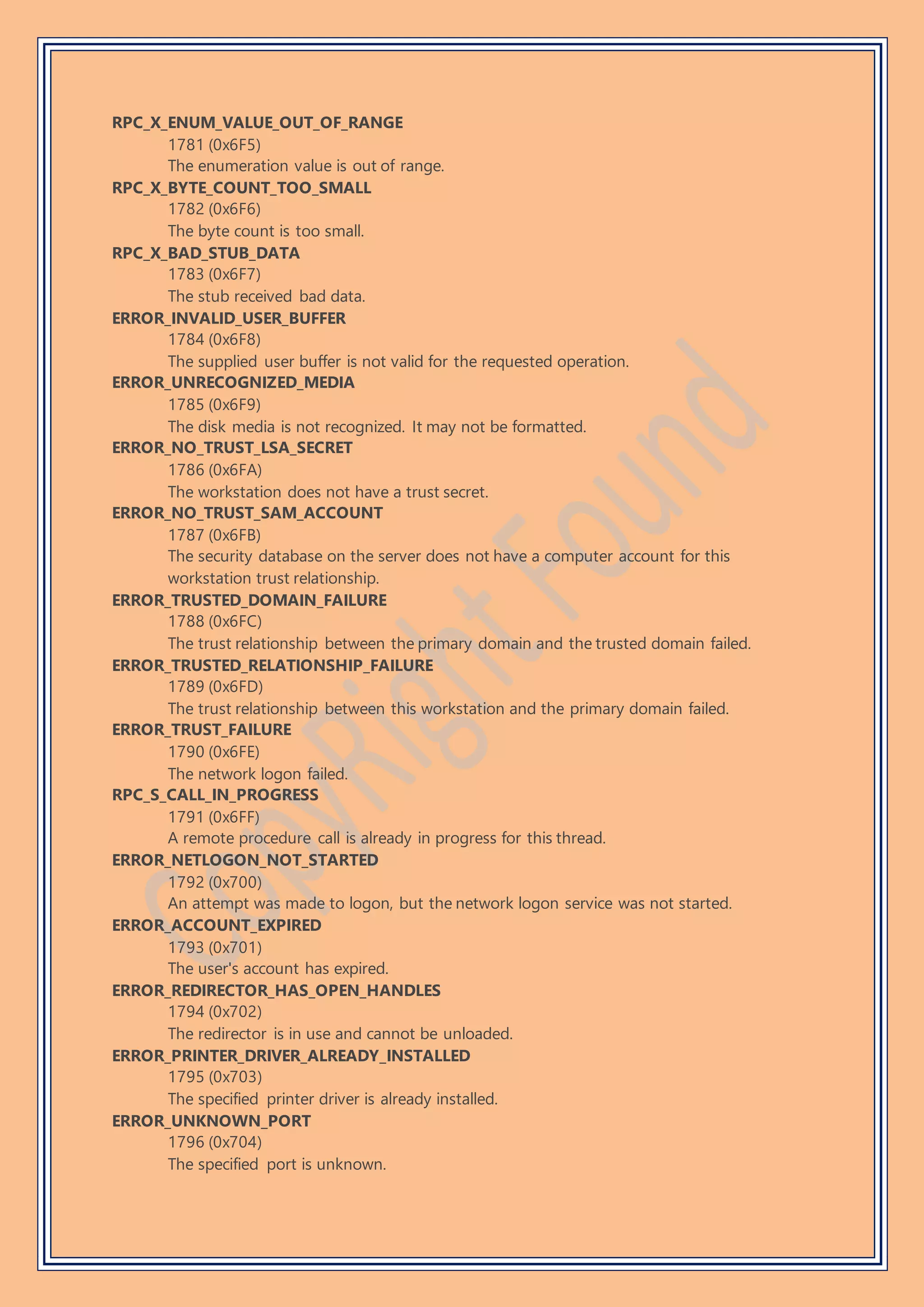 RPC_X_ENUM_VALUE_OUT_OF_RANGE
1781 (0x6F5)
The enumeration value is out of range.
RPC_X_BYTE_COUNT_TOO_SMALL
1782 (0x6F6)
The byte count is too small.
RPC_X_BAD_STUB_DATA
1783 (0x6F7)
The stub received bad data.
ERROR_INVALID_USER_BUFFER
1784 (0x6F8)
The supplied user buffer is not valid for the requested operation.
ERROR_UNRECOGNIZED_MEDIA
1785 (0x6F9)
The disk media is not recognized. It may not be formatted.
ERROR_NO_TRUST_LSA_SECRET
1786 (0x6FA)
The workstation does not have a trust secret.
ERROR_NO_TRUST_SAM_ACCOUNT
1787 (0x6FB)
The security database on the server does not have a computer account for this
workstation trust relationship.
ERROR_TRUSTED_DOMAIN_FAILURE
1788 (0x6FC)
The trust relationship between the primary domain and the trusted domain failed.
ERROR_TRUSTED_RELATIONSHIP_FAILURE
1789 (0x6FD)
The trust relationship between this workstation and the primary domain failed.
ERROR_TRUST_FAILURE
1790 (0x6FE)
The network logon failed.
RPC_S_CALL_IN_PROGRESS
1791 (0x6FF)
A remote procedure call is already in progress for this thread.
ERROR_NETLOGON_NOT_STARTED
1792 (0x700)
An attempt was made to logon, but the network logon service was not started.
ERROR_ACCOUNT_EXPIRED
1793 (0x701)
The user's account has expired.
ERROR_REDIRECTOR_HAS_OPEN_HANDLES
1794 (0x702)
The redirector is in use and cannot be unloaded.
ERROR_PRINTER_DRIVER_ALREADY_INSTALLED
1795 (0x703)
The specified printer driver is already installed.
ERROR_UNKNOWN_PORT
1796 (0x704)
The specified port is unknown.
 