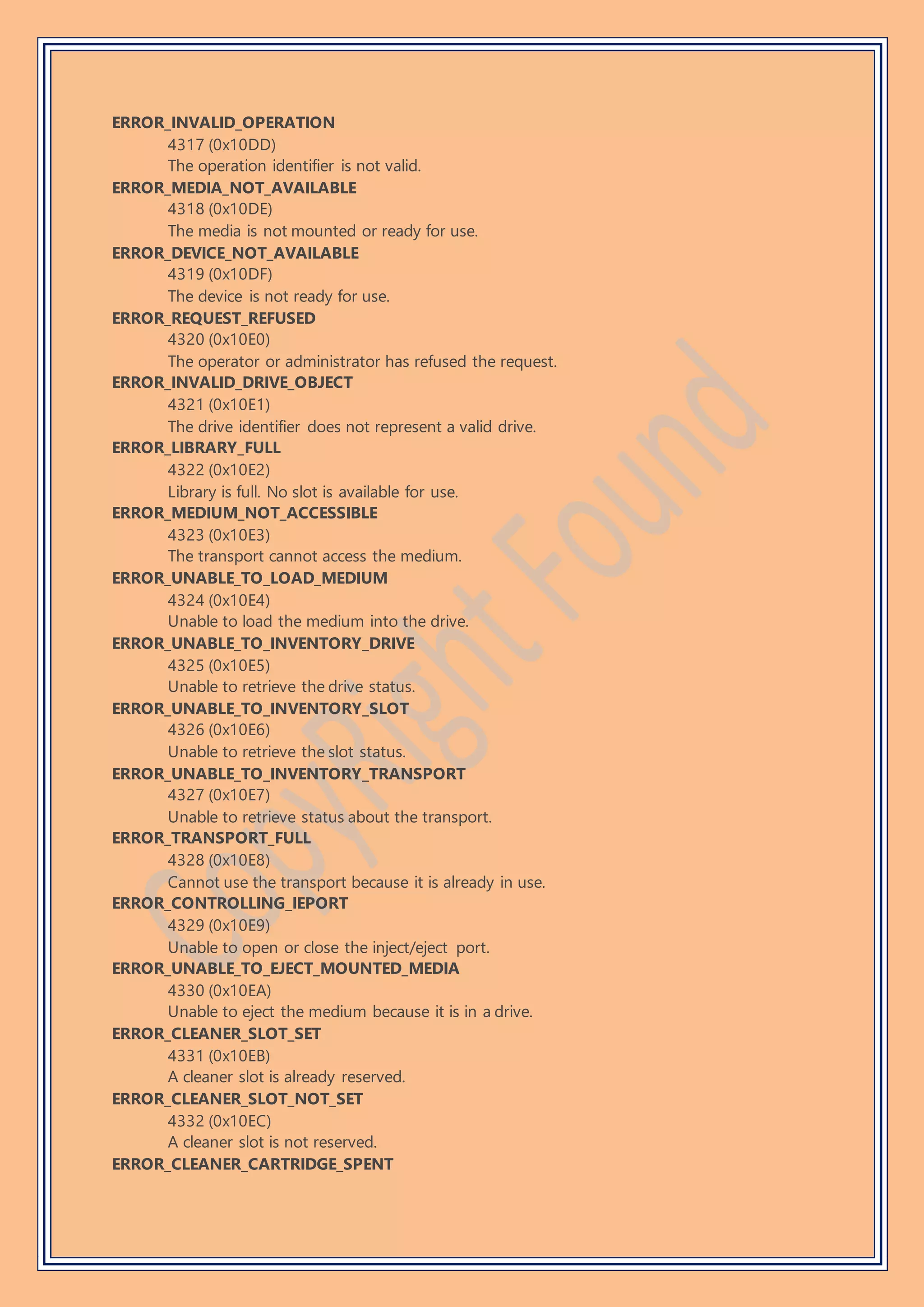 ERROR_INVALID_OPERATION
4317 (0x10DD)
The operation identifier is not valid.
ERROR_MEDIA_NOT_AVAILABLE
4318 (0x10DE)
The media is not mounted or ready for use.
ERROR_DEVICE_NOT_AVAILABLE
4319 (0x10DF)
The device is not ready for use.
ERROR_REQUEST_REFUSED
4320 (0x10E0)
The operator or administrator has refused the request.
ERROR_INVALID_DRIVE_OBJECT
4321 (0x10E1)
The drive identifier does not represent a valid drive.
ERROR_LIBRARY_FULL
4322 (0x10E2)
Library is full. No slot is available for use.
ERROR_MEDIUM_NOT_ACCESSIBLE
4323 (0x10E3)
The transport cannot access the medium.
ERROR_UNABLE_TO_LOAD_MEDIUM
4324 (0x10E4)
Unable to load the medium into the drive.
ERROR_UNABLE_TO_INVENTORY_DRIVE
4325 (0x10E5)
Unable to retrieve the drive status.
ERROR_UNABLE_TO_INVENTORY_SLOT
4326 (0x10E6)
Unable to retrieve the slot status.
ERROR_UNABLE_TO_INVENTORY_TRANSPORT
4327 (0x10E7)
Unable to retrieve status about the transport.
ERROR_TRANSPORT_FULL
4328 (0x10E8)
Cannot use the transport because it is already in use.
ERROR_CONTROLLING_IEPORT
4329 (0x10E9)
Unable to open or close the inject/eject port.
ERROR_UNABLE_TO_EJECT_MOUNTED_MEDIA
4330 (0x10EA)
Unable to eject the medium because it is in a drive.
ERROR_CLEANER_SLOT_SET
4331 (0x10EB)
A cleaner slot is already reserved.
ERROR_CLEANER_SLOT_NOT_SET
4332 (0x10EC)
A cleaner slot is not reserved.
ERROR_CLEANER_CARTRIDGE_SPENT
 