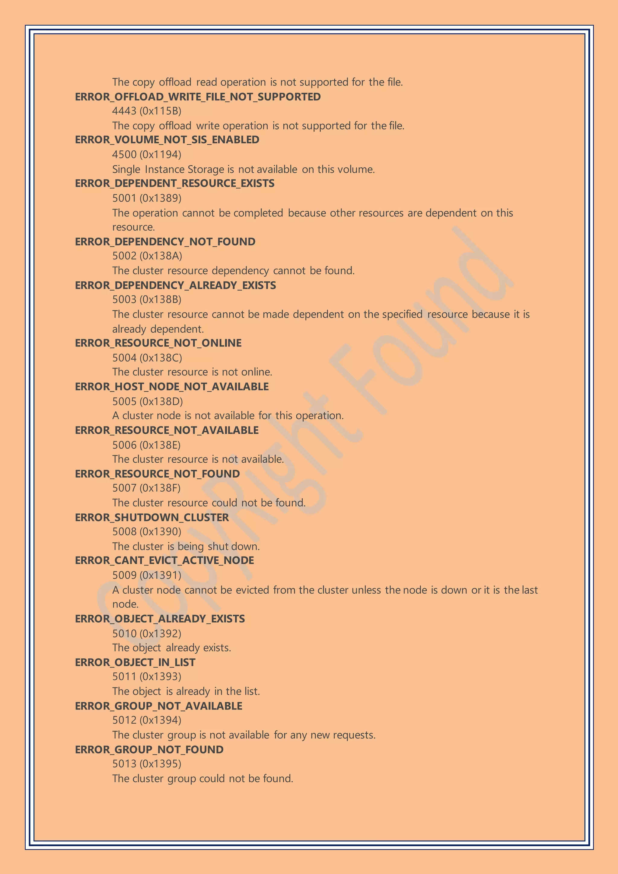 The copy offload read operation is not supported for the file.
ERROR_OFFLOAD_WRITE_FILE_NOT_SUPPORTED
4443 (0x115B)
The copy offload write operation is not supported for the file.
ERROR_VOLUME_NOT_SIS_ENABLED
4500 (0x1194)
Single Instance Storage is not available on this volume.
ERROR_DEPENDENT_RESOURCE_EXISTS
5001 (0x1389)
The operation cannot be completed because other resources are dependent on this
resource.
ERROR_DEPENDENCY_NOT_FOUND
5002 (0x138A)
The cluster resource dependency cannot be found.
ERROR_DEPENDENCY_ALREADY_EXISTS
5003 (0x138B)
The cluster resource cannot be made dependent on the specified resource because it is
already dependent.
ERROR_RESOURCE_NOT_ONLINE
5004 (0x138C)
The cluster resource is not online.
ERROR_HOST_NODE_NOT_AVAILABLE
5005 (0x138D)
A cluster node is not available for this operation.
ERROR_RESOURCE_NOT_AVAILABLE
5006 (0x138E)
The cluster resource is not available.
ERROR_RESOURCE_NOT_FOUND
5007 (0x138F)
The cluster resource could not be found.
ERROR_SHUTDOWN_CLUSTER
5008 (0x1390)
The cluster is being shut down.
ERROR_CANT_EVICT_ACTIVE_NODE
5009 (0x1391)
A cluster node cannot be evicted from the cluster unless the node is down or it is the last
node.
ERROR_OBJECT_ALREADY_EXISTS
5010 (0x1392)
The object already exists.
ERROR_OBJECT_IN_LIST
5011 (0x1393)
The object is already in the list.
ERROR_GROUP_NOT_AVAILABLE
5012 (0x1394)
The cluster group is not available for any new requests.
ERROR_GROUP_NOT_FOUND
5013 (0x1395)
The cluster group could not be found.
 
