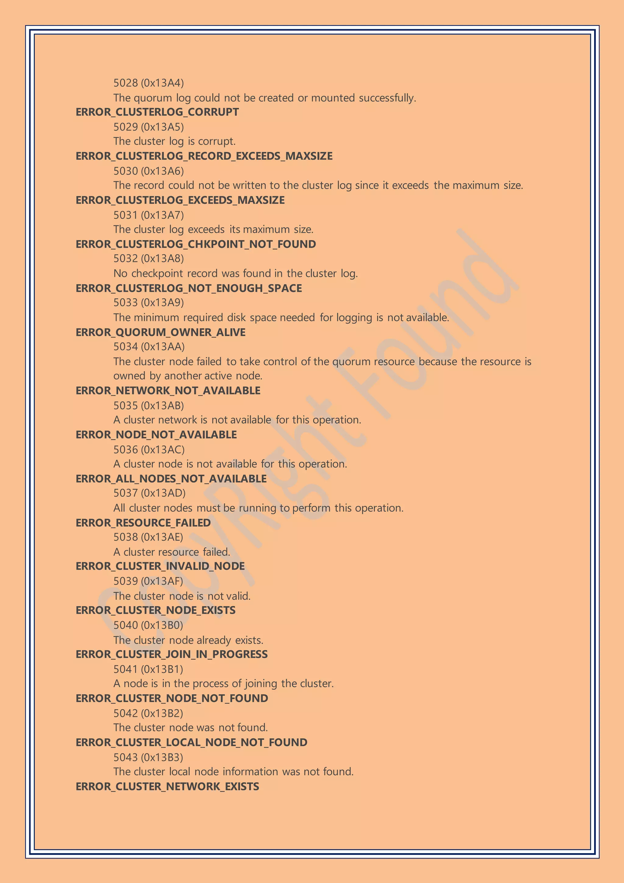 5028 (0x13A4)
The quorum log could not be created or mounted successfully.
ERROR_CLUSTERLOG_CORRUPT
5029 (0x13A5)
The cluster log is corrupt.
ERROR_CLUSTERLOG_RECORD_EXCEEDS_MAXSIZE
5030 (0x13A6)
The record could not be written to the cluster log since it exceeds the maximum size.
ERROR_CLUSTERLOG_EXCEEDS_MAXSIZE
5031 (0x13A7)
The cluster log exceeds its maximum size.
ERROR_CLUSTERLOG_CHKPOINT_NOT_FOUND
5032 (0x13A8)
No checkpoint record was found in the cluster log.
ERROR_CLUSTERLOG_NOT_ENOUGH_SPACE
5033 (0x13A9)
The minimum required disk space needed for logging is not available.
ERROR_QUORUM_OWNER_ALIVE
5034 (0x13AA)
The cluster node failed to take control of the quorum resource because the resource is
owned by another active node.
ERROR_NETWORK_NOT_AVAILABLE
5035 (0x13AB)
A cluster network is not available for this operation.
ERROR_NODE_NOT_AVAILABLE
5036 (0x13AC)
A cluster node is not available for this operation.
ERROR_ALL_NODES_NOT_AVAILABLE
5037 (0x13AD)
All cluster nodes must be running to perform this operation.
ERROR_RESOURCE_FAILED
5038 (0x13AE)
A cluster resource failed.
ERROR_CLUSTER_INVALID_NODE
5039 (0x13AF)
The cluster node is not valid.
ERROR_CLUSTER_NODE_EXISTS
5040 (0x13B0)
The cluster node already exists.
ERROR_CLUSTER_JOIN_IN_PROGRESS
5041 (0x13B1)
A node is in the process of joining the cluster.
ERROR_CLUSTER_NODE_NOT_FOUND
5042 (0x13B2)
The cluster node was not found.
ERROR_CLUSTER_LOCAL_NODE_NOT_FOUND
5043 (0x13B3)
The cluster local node information was not found.
ERROR_CLUSTER_NETWORK_EXISTS
 