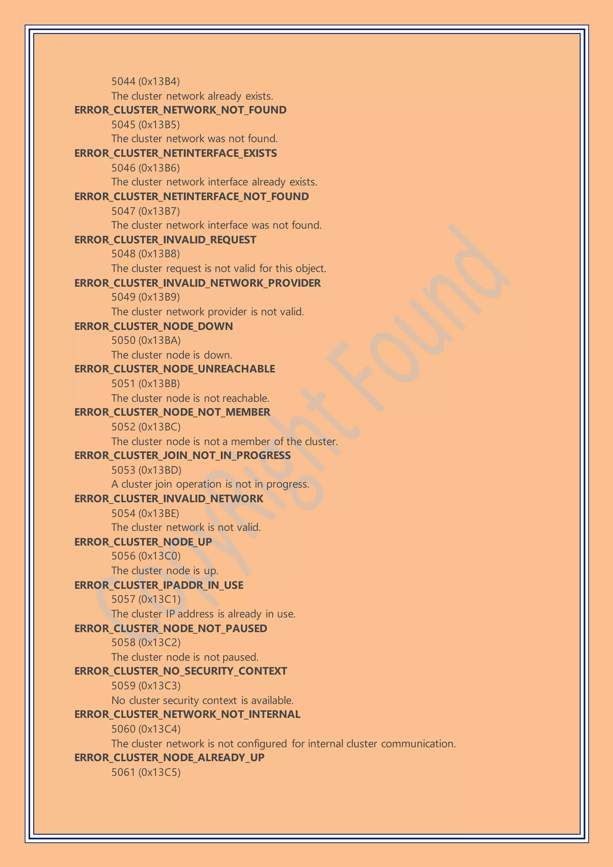 5044 (0x13B4)
The cluster network already exists.
ERROR_CLUSTER_NETWORK_NOT_FOUND
5045 (0x13B5)
The cluster network was not found.
ERROR_CLUSTER_NETINTERFACE_EXISTS
5046 (0x13B6)
The cluster network interface already exists.
ERROR_CLUSTER_NETINTERFACE_NOT_FOUND
5047 (0x13B7)
The cluster network interface was not found.
ERROR_CLUSTER_INVALID_REQUEST
5048 (0x13B8)
The cluster request is not valid for this object.
ERROR_CLUSTER_INVALID_NETWORK_PROVIDER
5049 (0x13B9)
The cluster network provider is not valid.
ERROR_CLUSTER_NODE_DOWN
5050 (0x13BA)
The cluster node is down.
ERROR_CLUSTER_NODE_UNREACHABLE
5051 (0x13BB)
The cluster node is not reachable.
ERROR_CLUSTER_NODE_NOT_MEMBER
5052 (0x13BC)
The cluster node is not a member of the cluster.
ERROR_CLUSTER_JOIN_NOT_IN_PROGRESS
5053 (0x13BD)
A cluster join operation is not in progress.
ERROR_CLUSTER_INVALID_NETWORK
5054 (0x13BE)
The cluster network is not valid.
ERROR_CLUSTER_NODE_UP
5056 (0x13C0)
The cluster node is up.
ERROR_CLUSTER_IPADDR_IN_USE
5057 (0x13C1)
The cluster IP address is already in use.
ERROR_CLUSTER_NODE_NOT_PAUSED
5058 (0x13C2)
The cluster node is not paused.
ERROR_CLUSTER_NO_SECURITY_CONTEXT
5059 (0x13C3)
No cluster security context is available.
ERROR_CLUSTER_NETWORK_NOT_INTERNAL
5060 (0x13C4)
The cluster network is not configured for internal cluster communication.
ERROR_CLUSTER_NODE_ALREADY_UP
5061 (0x13C5)
 