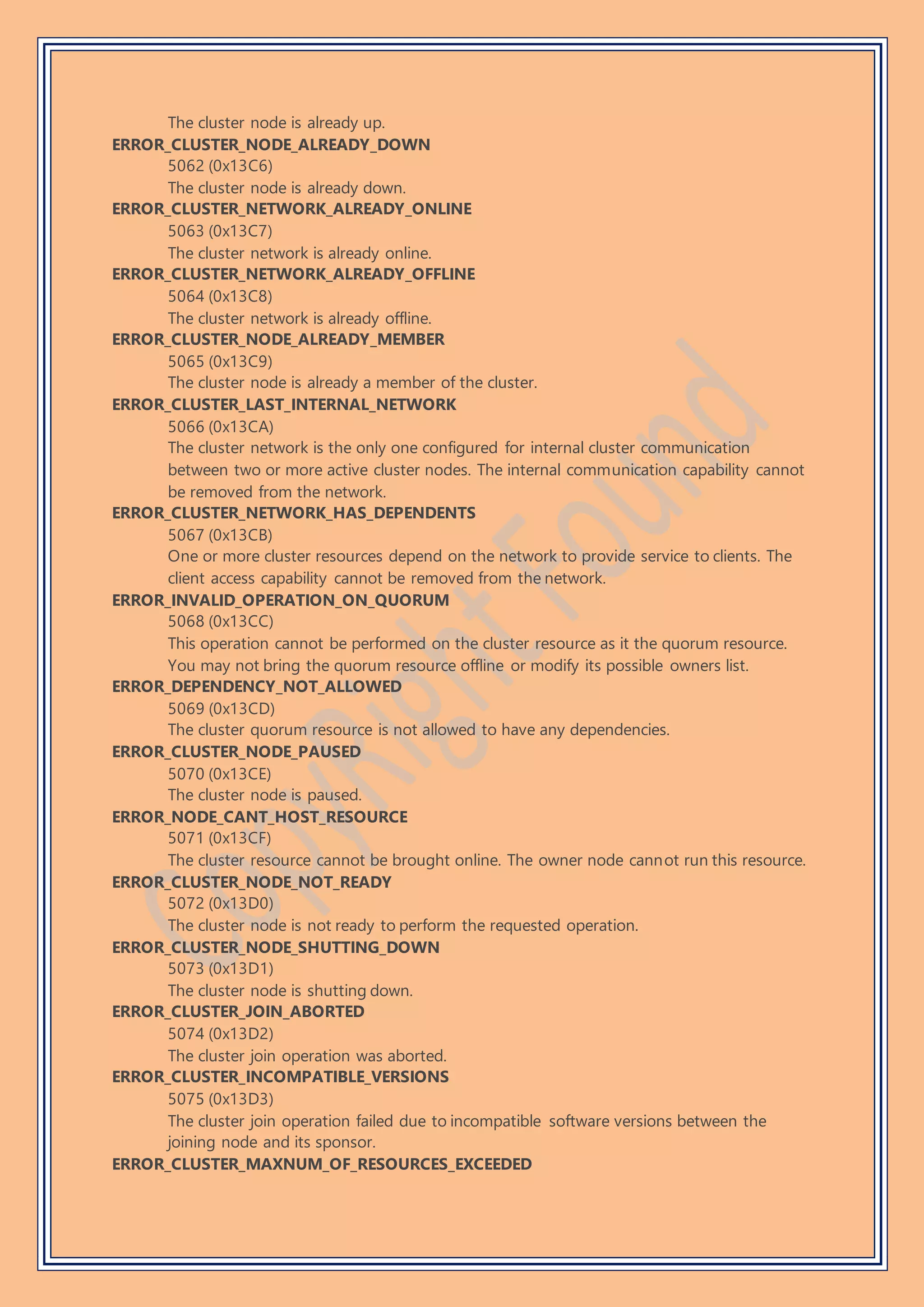 The cluster node is already up.
ERROR_CLUSTER_NODE_ALREADY_DOWN
5062 (0x13C6)
The cluster node is already down.
ERROR_CLUSTER_NETWORK_ALREADY_ONLINE
5063 (0x13C7)
The cluster network is already online.
ERROR_CLUSTER_NETWORK_ALREADY_OFFLINE
5064 (0x13C8)
The cluster network is already offline.
ERROR_CLUSTER_NODE_ALREADY_MEMBER
5065 (0x13C9)
The cluster node is already a member of the cluster.
ERROR_CLUSTER_LAST_INTERNAL_NETWORK
5066 (0x13CA)
The cluster network is the only one configured for internal cluster communication
between two or more active cluster nodes. The internal communication capability cannot
be removed from the network.
ERROR_CLUSTER_NETWORK_HAS_DEPENDENTS
5067 (0x13CB)
One or more cluster resources depend on the network to provide service to clients. The
client access capability cannot be removed from the network.
ERROR_INVALID_OPERATION_ON_QUORUM
5068 (0x13CC)
This operation cannot be performed on the cluster resource as it the quorum resource.
You may not bring the quorum resource offline or modify its possible owners list.
ERROR_DEPENDENCY_NOT_ALLOWED
5069 (0x13CD)
The cluster quorum resource is not allowed to have any dependencies.
ERROR_CLUSTER_NODE_PAUSED
5070 (0x13CE)
The cluster node is paused.
ERROR_NODE_CANT_HOST_RESOURCE
5071 (0x13CF)
The cluster resource cannot be brought online. The owner node cannot run this resource.
ERROR_CLUSTER_NODE_NOT_READY
5072 (0x13D0)
The cluster node is not ready to perform the requested operation.
ERROR_CLUSTER_NODE_SHUTTING_DOWN
5073 (0x13D1)
The cluster node is shutting down.
ERROR_CLUSTER_JOIN_ABORTED
5074 (0x13D2)
The cluster join operation was aborted.
ERROR_CLUSTER_INCOMPATIBLE_VERSIONS
5075 (0x13D3)
The cluster join operation failed due to incompatible software versions between the
joining node and its sponsor.
ERROR_CLUSTER_MAXNUM_OF_RESOURCES_EXCEEDED
 