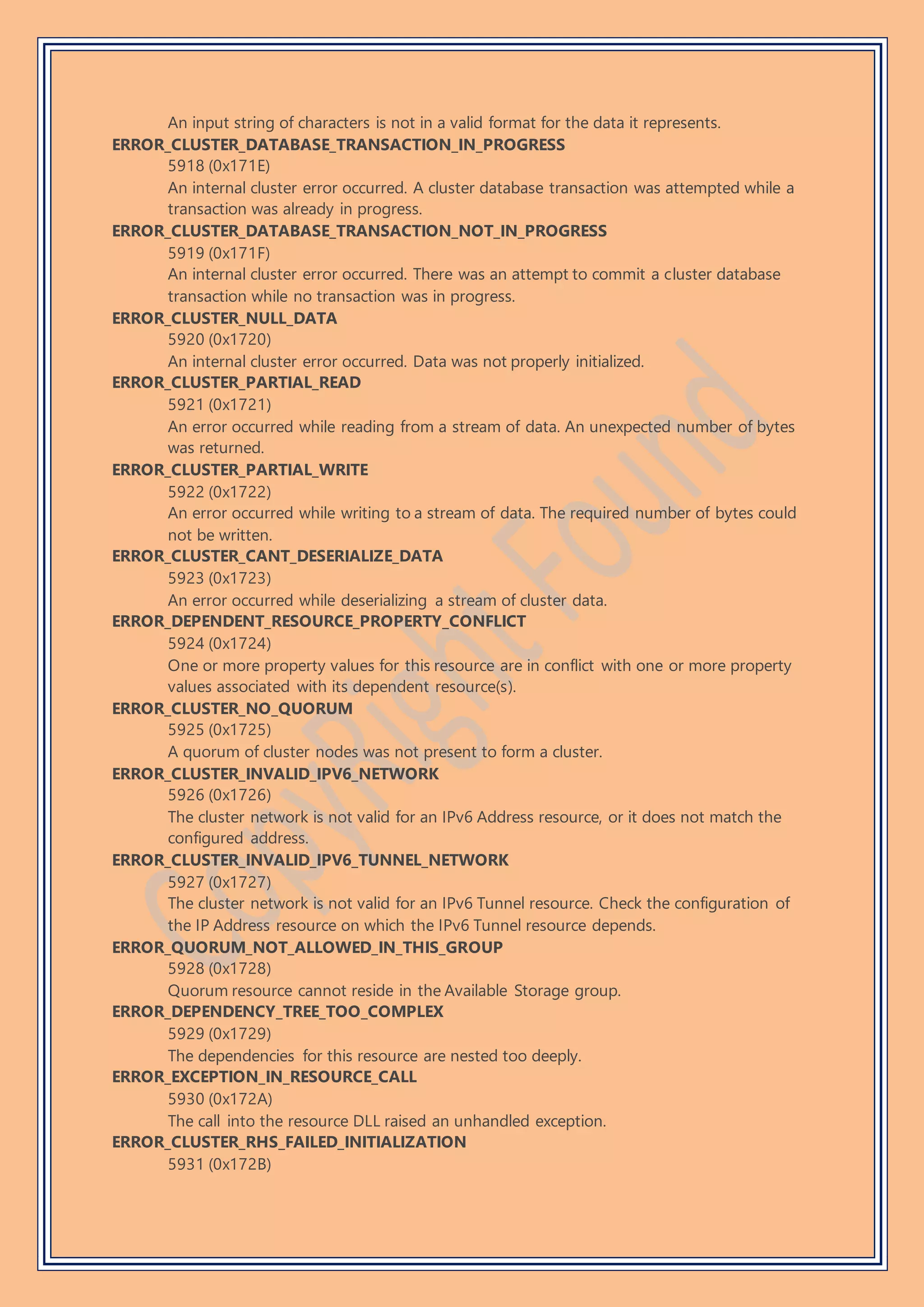 An input string of characters is not in a valid format for the data it represents.
ERROR_CLUSTER_DATABASE_TRANSACTION_IN_PROGRESS
5918 (0x171E)
An internal cluster error occurred. A cluster database transaction was attempted while a
transaction was already in progress.
ERROR_CLUSTER_DATABASE_TRANSACTION_NOT_IN_PROGRESS
5919 (0x171F)
An internal cluster error occurred. There was an attempt to commit a cluster database
transaction while no transaction was in progress.
ERROR_CLUSTER_NULL_DATA
5920 (0x1720)
An internal cluster error occurred. Data was not properly initialized.
ERROR_CLUSTER_PARTIAL_READ
5921 (0x1721)
An error occurred while reading from a stream of data. An unexpected number of bytes
was returned.
ERROR_CLUSTER_PARTIAL_WRITE
5922 (0x1722)
An error occurred while writing to a stream of data. The required number of bytes could
not be written.
ERROR_CLUSTER_CANT_DESERIALIZE_DATA
5923 (0x1723)
An error occurred while deserializing a stream of cluster data.
ERROR_DEPENDENT_RESOURCE_PROPERTY_CONFLICT
5924 (0x1724)
One or more property values for this resource are in conflict with one or more property
values associated with its dependent resource(s).
ERROR_CLUSTER_NO_QUORUM
5925 (0x1725)
A quorum of cluster nodes was not present to form a cluster.
ERROR_CLUSTER_INVALID_IPV6_NETWORK
5926 (0x1726)
The cluster network is not valid for an IPv6 Address resource, or it does not match the
configured address.
ERROR_CLUSTER_INVALID_IPV6_TUNNEL_NETWORK
5927 (0x1727)
The cluster network is not valid for an IPv6 Tunnel resource. Check the configuration of
the IP Address resource on which the IPv6 Tunnel resource depends.
ERROR_QUORUM_NOT_ALLOWED_IN_THIS_GROUP
5928 (0x1728)
Quorum resource cannot reside in the Available Storage group.
ERROR_DEPENDENCY_TREE_TOO_COMPLEX
5929 (0x1729)
The dependencies for this resource are nested too deeply.
ERROR_EXCEPTION_IN_RESOURCE_CALL
5930 (0x172A)
The call into the resource DLL raised an unhandled exception.
ERROR_CLUSTER_RHS_FAILED_INITIALIZATION
5931 (0x172B)
 