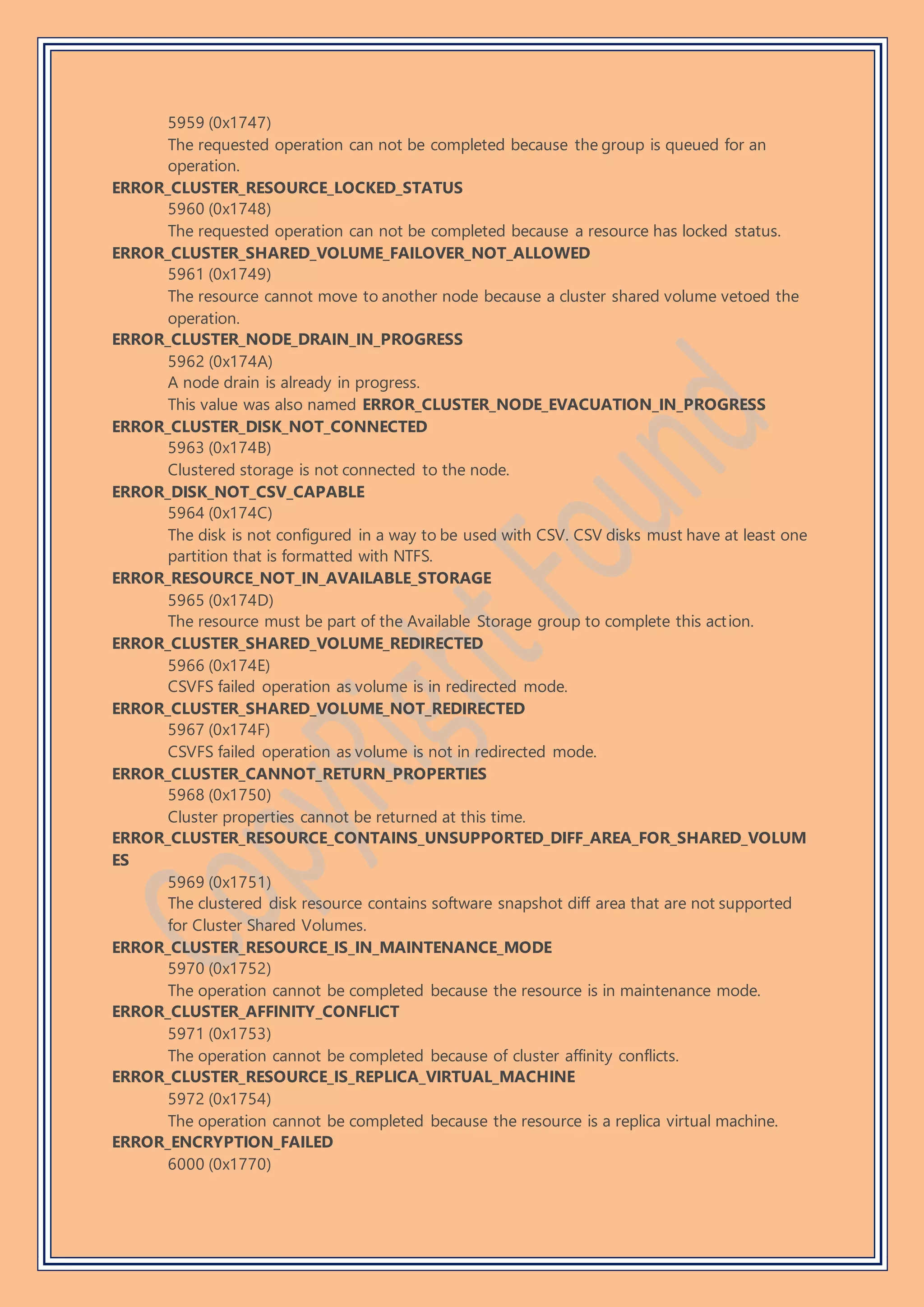 5959 (0x1747)
The requested operation can not be completed because the group is queued for an
operation.
ERROR_CLUSTER_RESOURCE_LOCKED_STATUS
5960 (0x1748)
The requested operation can not be completed because a resource has locked status.
ERROR_CLUSTER_SHARED_VOLUME_FAILOVER_NOT_ALLOWED
5961 (0x1749)
The resource cannot move to another node because a cluster shared volume vetoed the
operation.
ERROR_CLUSTER_NODE_DRAIN_IN_PROGRESS
5962 (0x174A)
A node drain is already in progress.
This value was also named ERROR_CLUSTER_NODE_EVACUATION_IN_PROGRESS
ERROR_CLUSTER_DISK_NOT_CONNECTED
5963 (0x174B)
Clustered storage is not connected to the node.
ERROR_DISK_NOT_CSV_CAPABLE
5964 (0x174C)
The disk is not configured in a way to be used with CSV. CSV disks must have at least one
partition that is formatted with NTFS.
ERROR_RESOURCE_NOT_IN_AVAILABLE_STORAGE
5965 (0x174D)
The resource must be part of the Available Storage group to complete this action.
ERROR_CLUSTER_SHARED_VOLUME_REDIRECTED
5966 (0x174E)
CSVFS failed operation as volume is in redirected mode.
ERROR_CLUSTER_SHARED_VOLUME_NOT_REDIRECTED
5967 (0x174F)
CSVFS failed operation as volume is not in redirected mode.
ERROR_CLUSTER_CANNOT_RETURN_PROPERTIES
5968 (0x1750)
Cluster properties cannot be returned at this time.
ERROR_CLUSTER_RESOURCE_CONTAINS_UNSUPPORTED_DIFF_AREA_FOR_SHARED_VOLUM
ES
5969 (0x1751)
The clustered disk resource contains software snapshot diff area that are not supported
for Cluster Shared Volumes.
ERROR_CLUSTER_RESOURCE_IS_IN_MAINTENANCE_MODE
5970 (0x1752)
The operation cannot be completed because the resource is in maintenance mode.
ERROR_CLUSTER_AFFINITY_CONFLICT
5971 (0x1753)
The operation cannot be completed because of cluster affinity conflicts.
ERROR_CLUSTER_RESOURCE_IS_REPLICA_VIRTUAL_MACHINE
5972 (0x1754)
The operation cannot be completed because the resource is a replica virtual machine.
ERROR_ENCRYPTION_FAILED
6000 (0x1770)
 