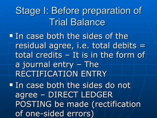 Stage I: Before preparation of
            Trial Balance
   In case both the sides of the
    residual agree, i.e. total debits =
    total credits – It is in the form of
    a journal entry – The
    RECTIFICATION ENTRY
   In case both the sides do not
    agree – DIRECT LEDGER
    POSTING be made (rectification
    of one-sided errors)
 