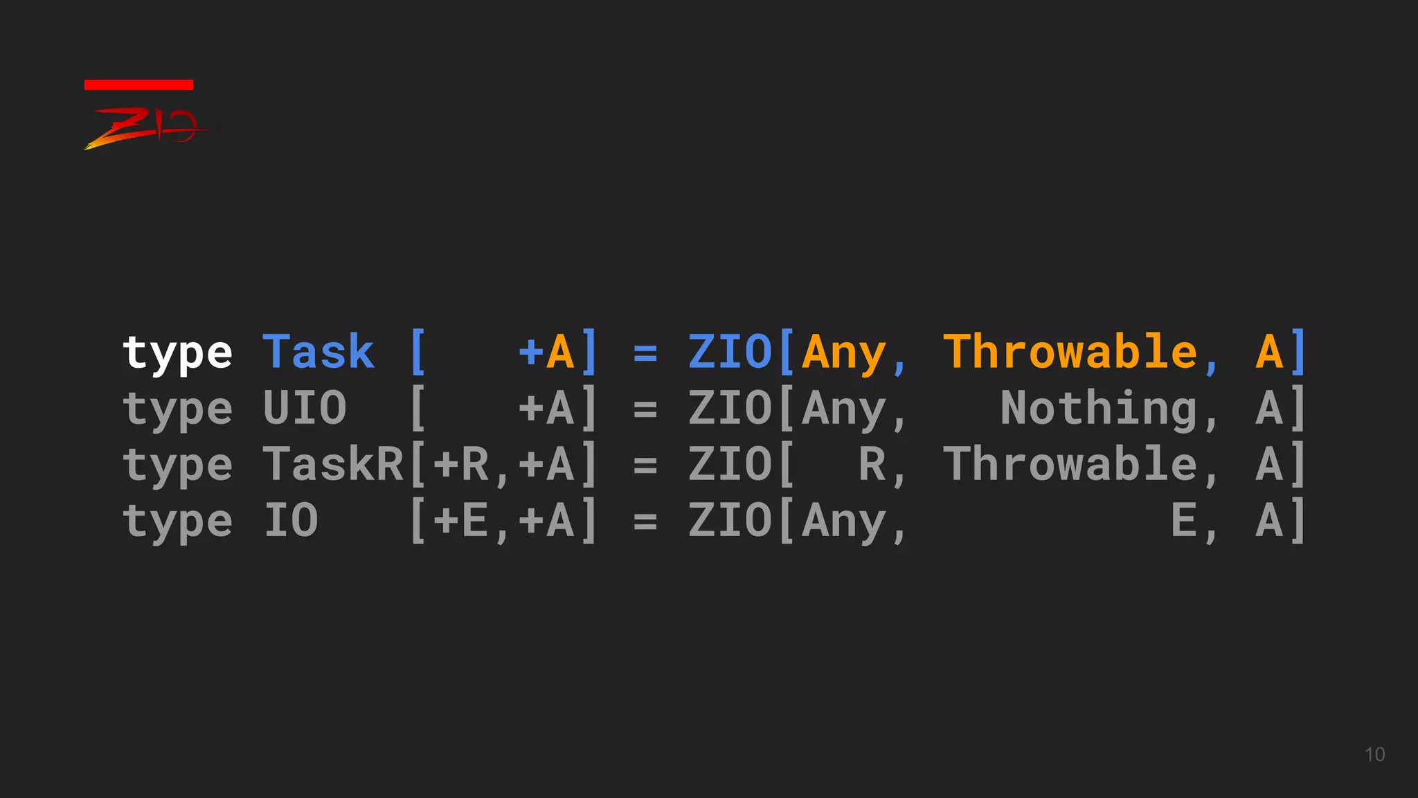 10
type Task [ +A] = ZIO[Any, Throwable, A]
type UIO [ +A] = ZIO[Any, Nothing, A]
type TaskR[+R,+A] = ZIO[ R, Throwable, A]
type IO [+E,+A] = ZIO[Any, E, A]
 