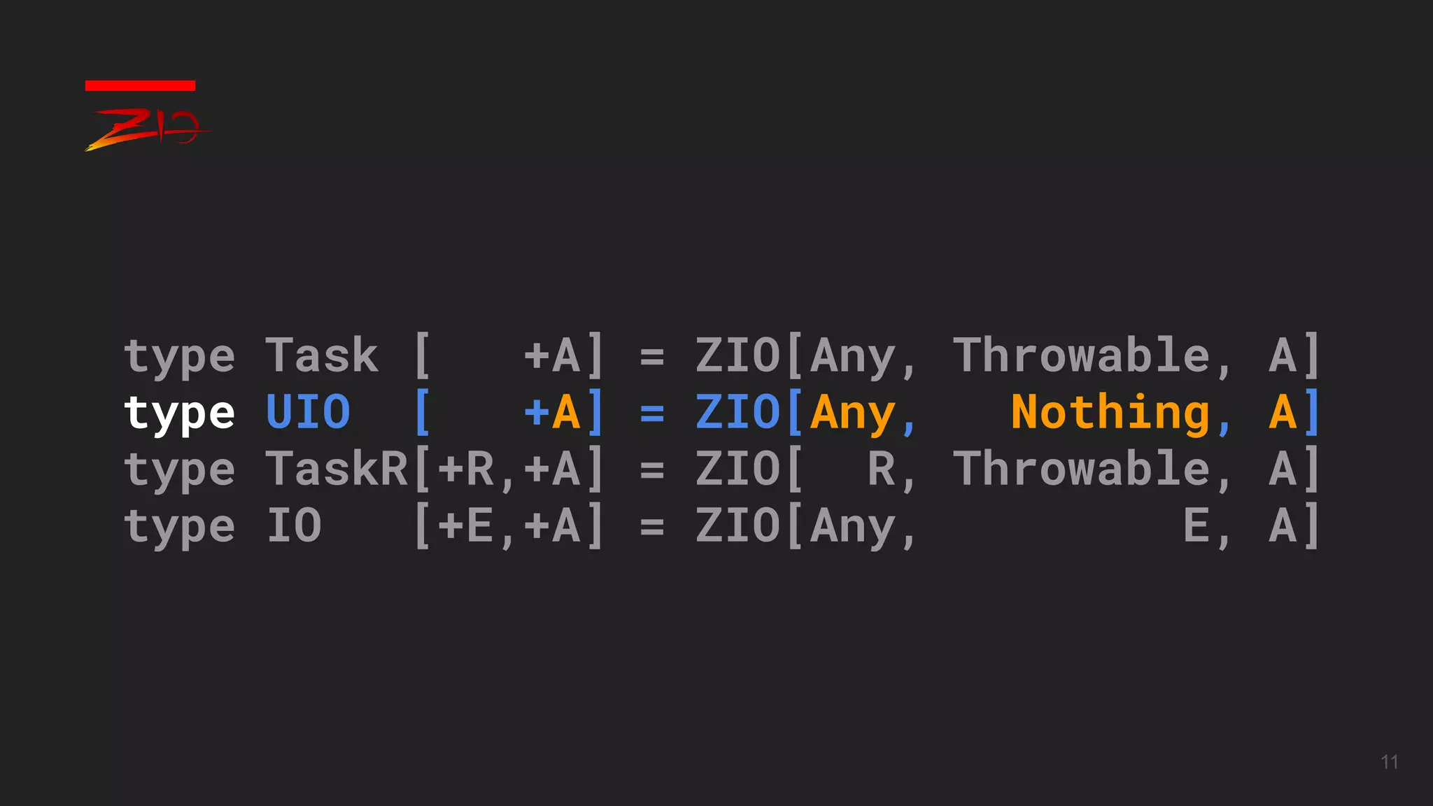 11
type Task [ +A] = ZIO[Any, Throwable, A]
type UIO [ +A] = ZIO[Any, Nothing, A]
type TaskR[+R,+A] = ZIO[ R, Throwable, A]
type IO [+E,+A] = ZIO[Any, E, A]
 
