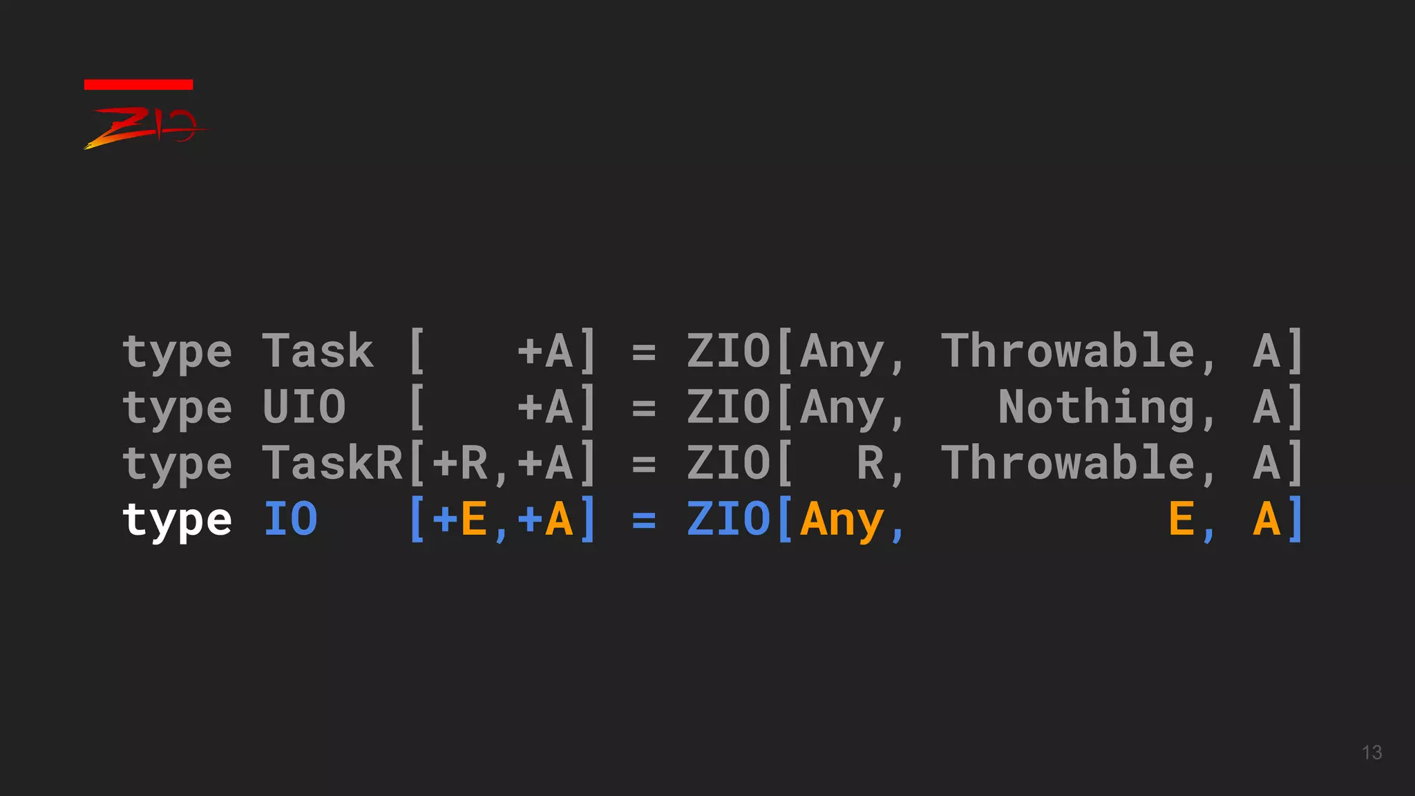 13
type Task [ +A] = ZIO[Any, Throwable, A]
type UIO [ +A] = ZIO[Any, Nothing, A]
type TaskR[+R,+A] = ZIO[ R, Throwable, A]
type IO [+E,+A] = ZIO[Any, E, A]
 