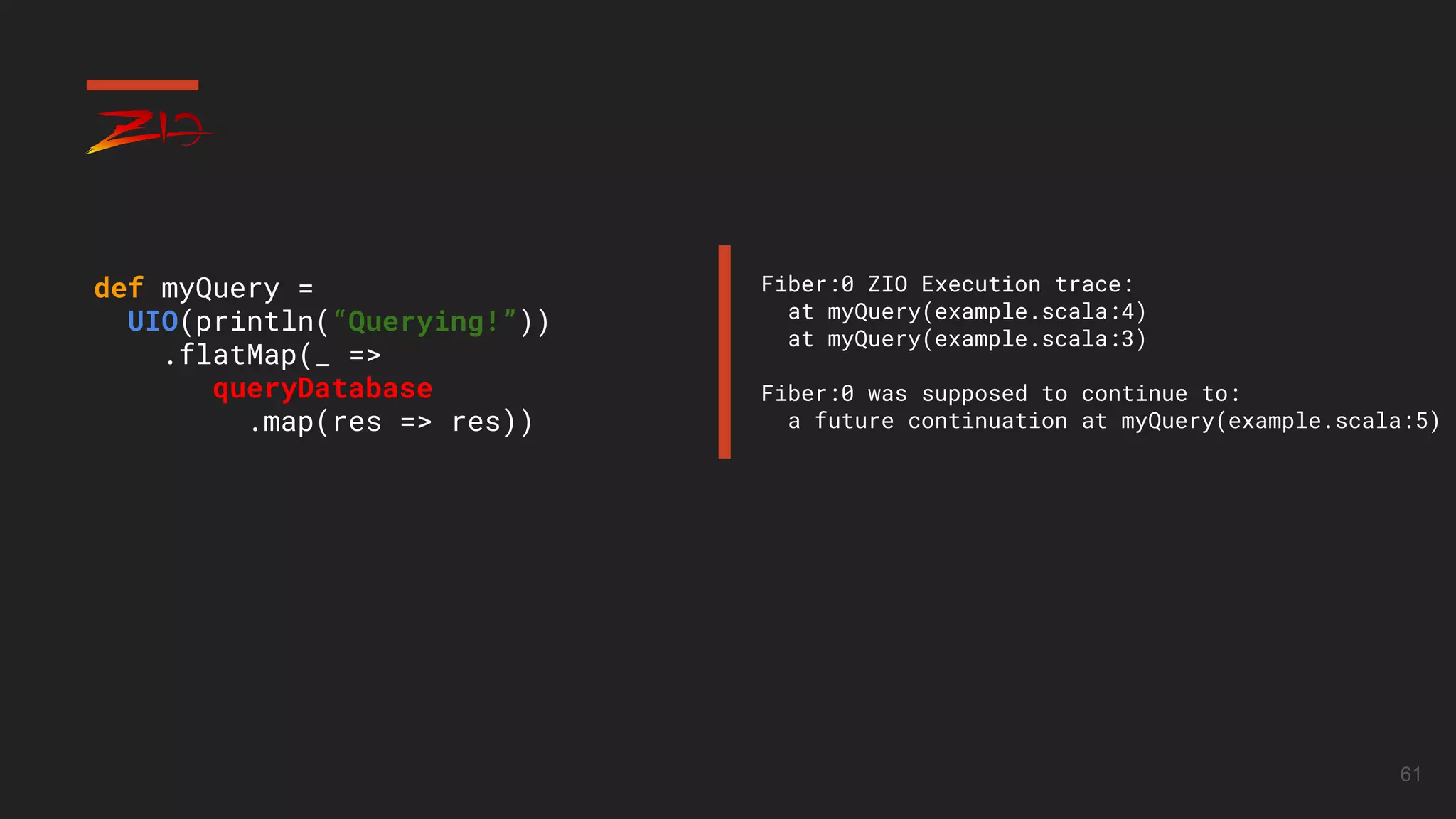 61
def myQuery =
UIO(println(“Querying!”))
.flatMap(_ =>
queryDatabase
.map(res => res))
Fiber:0 ZIO Execution trace:
at myQuery(example.scala:4)
at myQuery(example.scala:3)
Fiber:0 was supposed to continue to:
a future continuation at myQuery(example.scala:5)
 