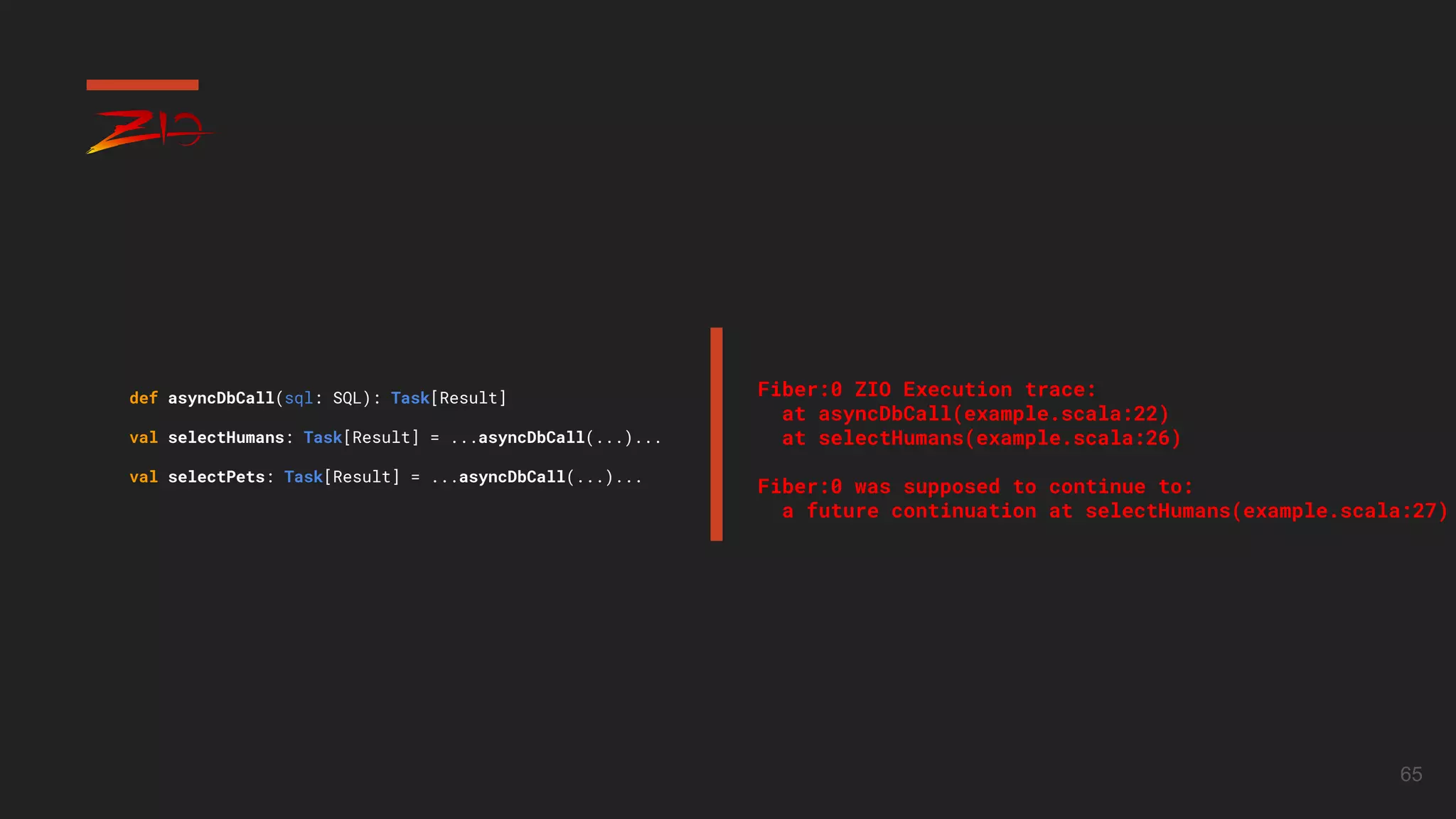 65
def asyncDbCall(sql: SQL): Task[Result]
val selectHumans: Task[Result] = ...asyncDbCall(...)...
val selectPets: Task[Result] = ...asyncDbCall(...)...
Fiber:0 ZIO Execution trace:
at asyncDbCall(example.scala:22)
at selectHumans(example.scala:26)
Fiber:0 was supposed to continue to:
a future continuation at selectHumans(example.scala:27)
 
