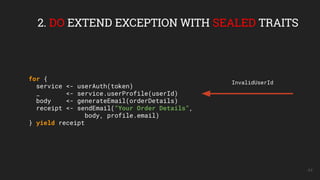 44
2. DO EXTEND EXCEPTION WITH SEALED TRAITS
for {
service <- userAuth(token)
_ <- service.userProfile(userId)
body <- generateEmail(orderDetails)
receipt <- sendEmail(“Your Order Details”,
body, profile.email)
} yield receipt
InvalidUserId
 