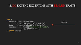 45
2. DO EXTEND EXCEPTION WITH SEALED TRAITS
for {
service <- userAuth(token)
_ <- service.userProfile(userId)
body <- generateEmail(orderDetails)
receipt <- sendEmail(“Your Order Details”,
body, profile.email)
} yield receipt
Nothing
 