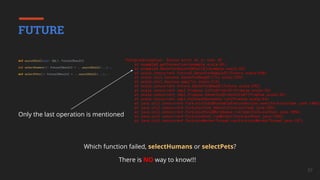 57
Which function failed, selectHumans or selectPets?
FUTURE
Only the last operation is mentioned
There is NO way to know!!!
def asyncDbCall(sql: SQL): Future[Result]
def selectHumans(): Future[Result] = ...asyncDbCall(...)...
def selectPets(): Future[Result] = ...asyncDbCall(...)...
PostgresException: Syntax error at or near 42
at example$.getConnection(example.scala:43)
at example$.$anonfun$asyncDbCall$1(example.scala:23)
at scala.concurrent.Future$.$anonfun$apply$1(Future.scala:658)
at scala.util.Success.$anonfun$map$1(Try.scala:255)
at scala.util.Success.map(Try.scala:213)
at scala.concurrent.Future.$anonfun$map$1(Future.scala:292)
at scala.concurrent.impl.Promise.liftedTree1$1(Promise.scala:33)
at scala.concurrent.impl.Promise.$anonfun$transform$1(Promise.scala:33)
at scala.concurrent.impl.CallbackRunnable.run(Promise.scala:64)
at java.util.concurrent.ForkJoinTask$RunnableExecuteAction.exec(ForkJoinTask.java:1402)
at java.util.concurrent.ForkJoinTask.doExec(ForkJoinTask.java:289)
at java.util.concurrent.ForkJoinPool$WorkQueue.runTask(ForkJoinPool.java:1056)
at java.util.concurrent.ForkJoinPool.runWorker(ForkJoinPool.java:1692)
at java.util.concurrent.ForkJoinWorkerThread.run(ForkJoinWorkerThread.java:157)
 