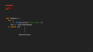 58
Asynchronous
def myQuery =
for {
_ <- UIO(println(“Querying!”))
res <- queryDatabase
} yield res
 