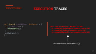 67
EXECUTION TRACES
def doWork(condition: Boolean) = {
if (condition) {
doSideWork()
}
doMainWork()
}
java.lang.Exception: Worker failed!
at example$.doMainWork(example.scala:54)
at example$.doWork(example.scala:50)
at example$$anon$1.run(example.scala:60)
No mention of doSideWork()
PROCEDURAL
 