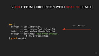 44
2. DO EXTEND EXCEPTION WITH SEALED TRAITS
for {
service <- userAuth(token)
_ <- service.userProfile(userId)
body <- gen...