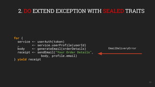 46
2. DO EXTEND EXCEPTION WITH SEALED TRAITS
for {
service <- userAuth(token)
_ <- service.userProfile(userId)
body <- gen...