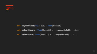 64
def asyncDbCall(sql: SQL): Task[Result]
val selectHumans: Task[Result] = ...asyncDbCall(...)...
val selectPets: Task[Re...