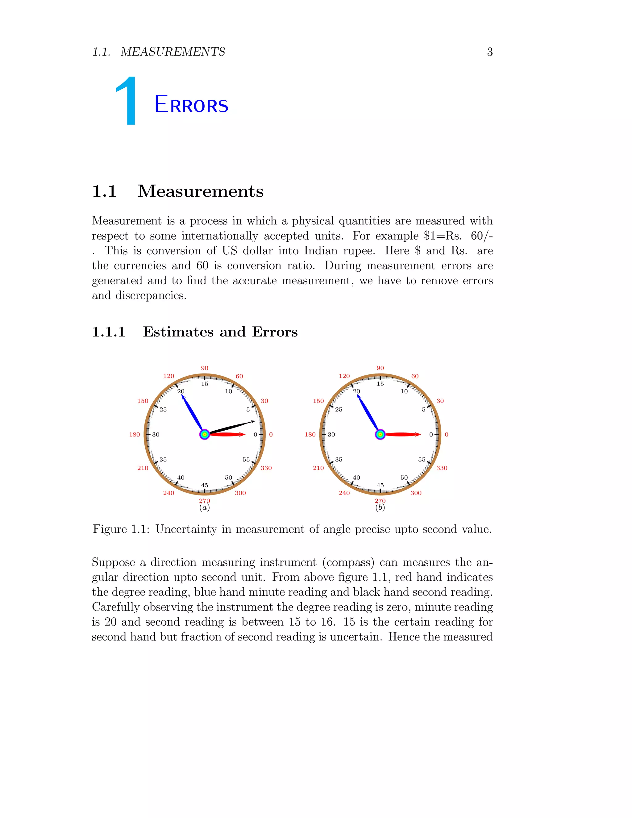 1.1. MEASUREMENTS 3
1Errors
1.1 Measurements
Measurement is a process in which a physical quantities are measured with
respect to some internationally accepted units. For example $1=Rs. 60/-
. This is conversion of US dollar into Indian rupee. Here $ and Rs. are
the currencies and 60 is conversion ratio. During measurement errors are
generated and to find the accurate measurement, we have to remove errors
and discrepancies.
1.1.1 Estimates and Errors
0
0
30
5
60
10
90
15
120
20
150
25
180 30
210
35
240
40
270
45
300
50
330
55
(a)
0
0
30
5
60
10
90
15
120
20
150
25
180 30
210
35
240
40
270
45
300
50
330
55
(b)
Figure 1.1: Uncertainty in measurement of angle precise upto second value.
Suppose a direction measuring instrument (compass) can measures the an-
gular direction upto second unit. From above figure 1.1, red hand indicates
the degree reading, blue hand minute reading and black hand second reading.
Carefully observing the instrument the degree reading is zero, minute reading
is 20 and second reading is between 15 to 16. 15 is the certain reading for
second hand but fraction of second reading is uncertain. Hence the measured
 