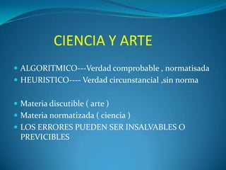 CIENCIA Y ARTE
 ALGORITMICO---Verdad comprobable , normatisada
 HEURISTICO---- Verdad circunstancial ,sin norma
 Materia discutible ( arte )
 Materia normatizada ( ciencia )
 LOS ERRORES PUEDEN SER INSALVABLES O

PREVICIBLES

 
