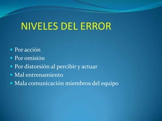 NIVELES DEL ERROR
 Por acción
 Por omisión
 Por distorsión al percibir y actuar
 Mal entrenamiento
 Mala comunicación miembros del equipo

 