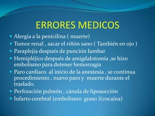 ERRORES MEDICOS





Alergia a la penicilina ( muerte)
Tumor renal , sacar el riñón sano ( También en ojo )
Paraplejia después de punción lumbar
Hemipléjico después de amigdalotomía ,se hizo
embolismo para detener hemorragia
 Paro cardiaco al inicio de la anestesia , se continua
procedimiento , nuevo paro y muerte durante el
traslado.
 Perforación pulmón , cánula de liposucción
 Infarto cerebral (embolismo graso )(cocaína)

 