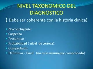 NIVEL TAXONOMICO DEL
DIAGNOSTICO
( Debe ser coherente con la historia clínica)
 No concluyente
 Sospecha
 Presuntivo

 Probabilidad ( nivel de certeza)
 Comprobado
 Definitivo – Final (no es lo mismo que comprobado)

 