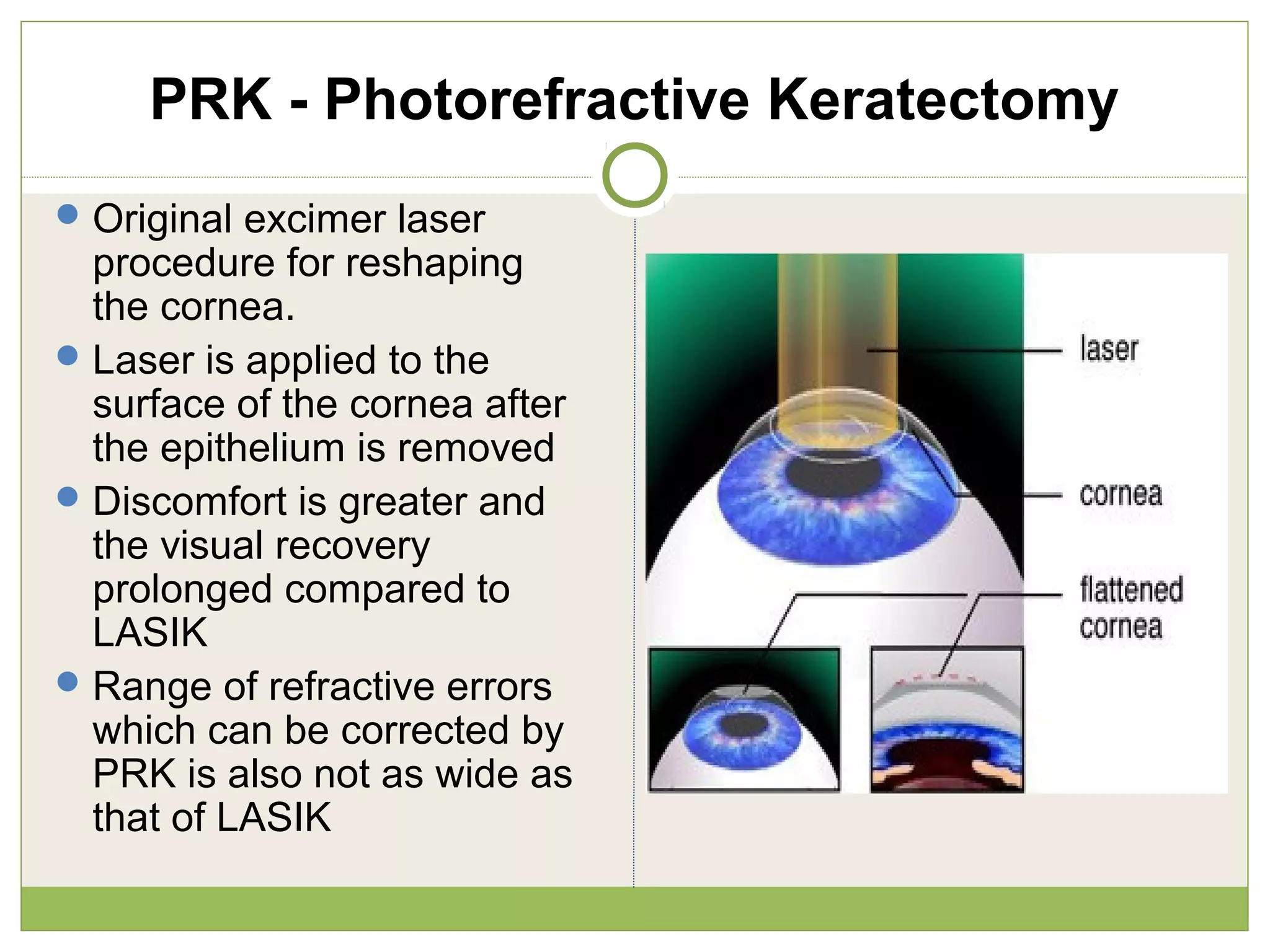 PRK - Photorefractive Keratectomy
Original excimer laser
procedure for reshaping
the cornea.
Laser is applied to the
surface of the cornea after
the epithelium is removed
Discomfort is greater and
the visual recovery
prolonged compared to
LASIK
Range of refractive errors
which can be corrected by
PRK is also not as wide as
that of LASIK
 