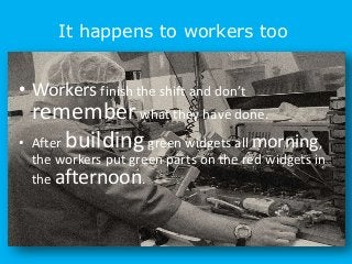 It happens to workers too
• Workers finish the shift and don’t
rememberwhat they have done.
• After buildinggreen widgets all morning,
the workers put green parts on the red widgets in
the afternoon.
 