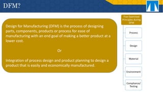 DFM?
Design for Manufacturing (DFM) is the process of designing
parts, components, products or process for ease of
manufacturing with an end goal of making a better product at a
lower cost.
Or
Integration of process design and product planning to design a
product that is easily and economically manufactured.
Five Examined
Principles during
DFM
Process
Design
Material
Environment
Compliance/
Testing
 