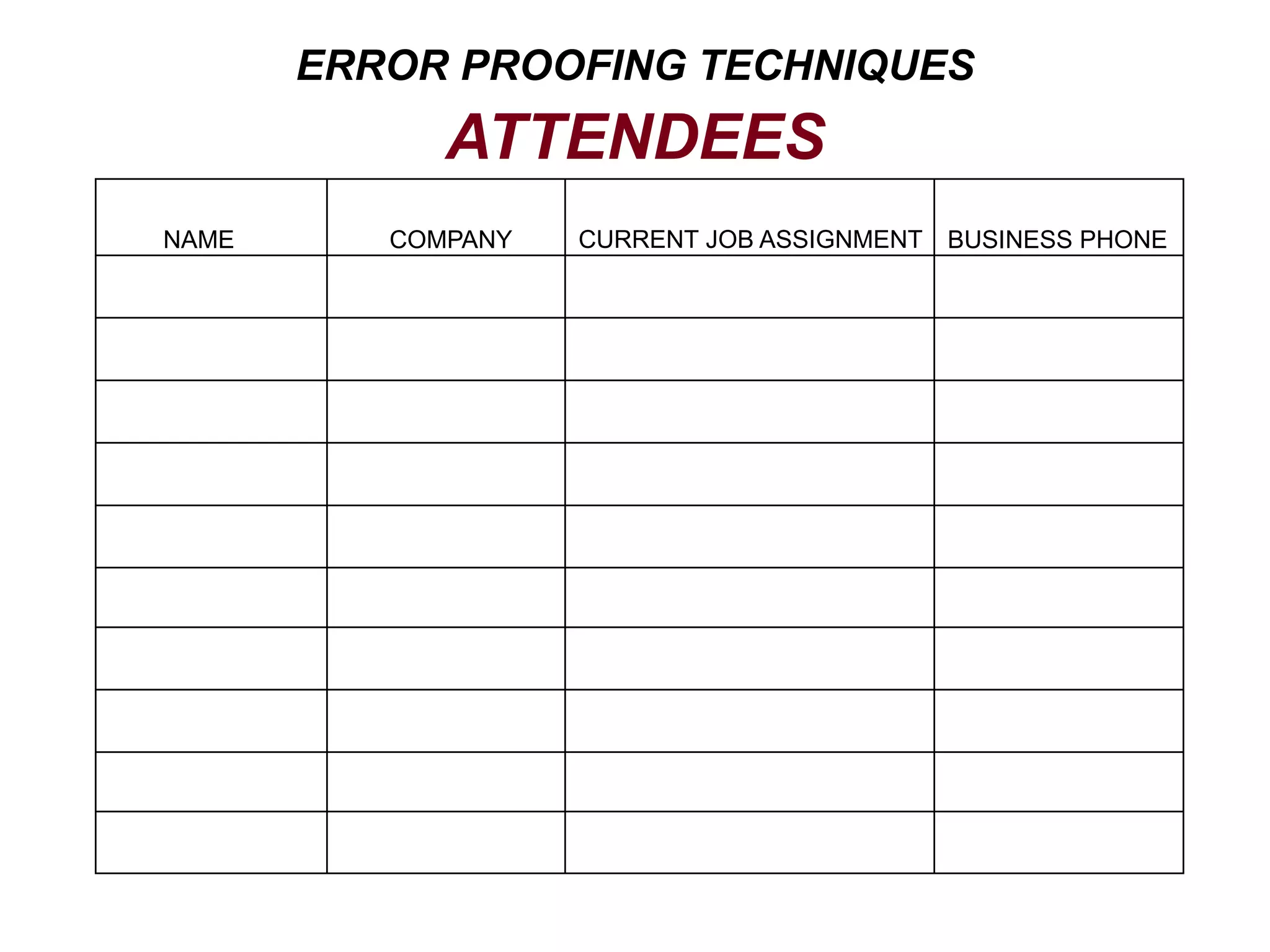 NAME COMPANY CURRENT JOB ASSIGNMENT BUSINESS PHONE
ERROR PROOFING TECHNIQUES
ATTENDEES
 