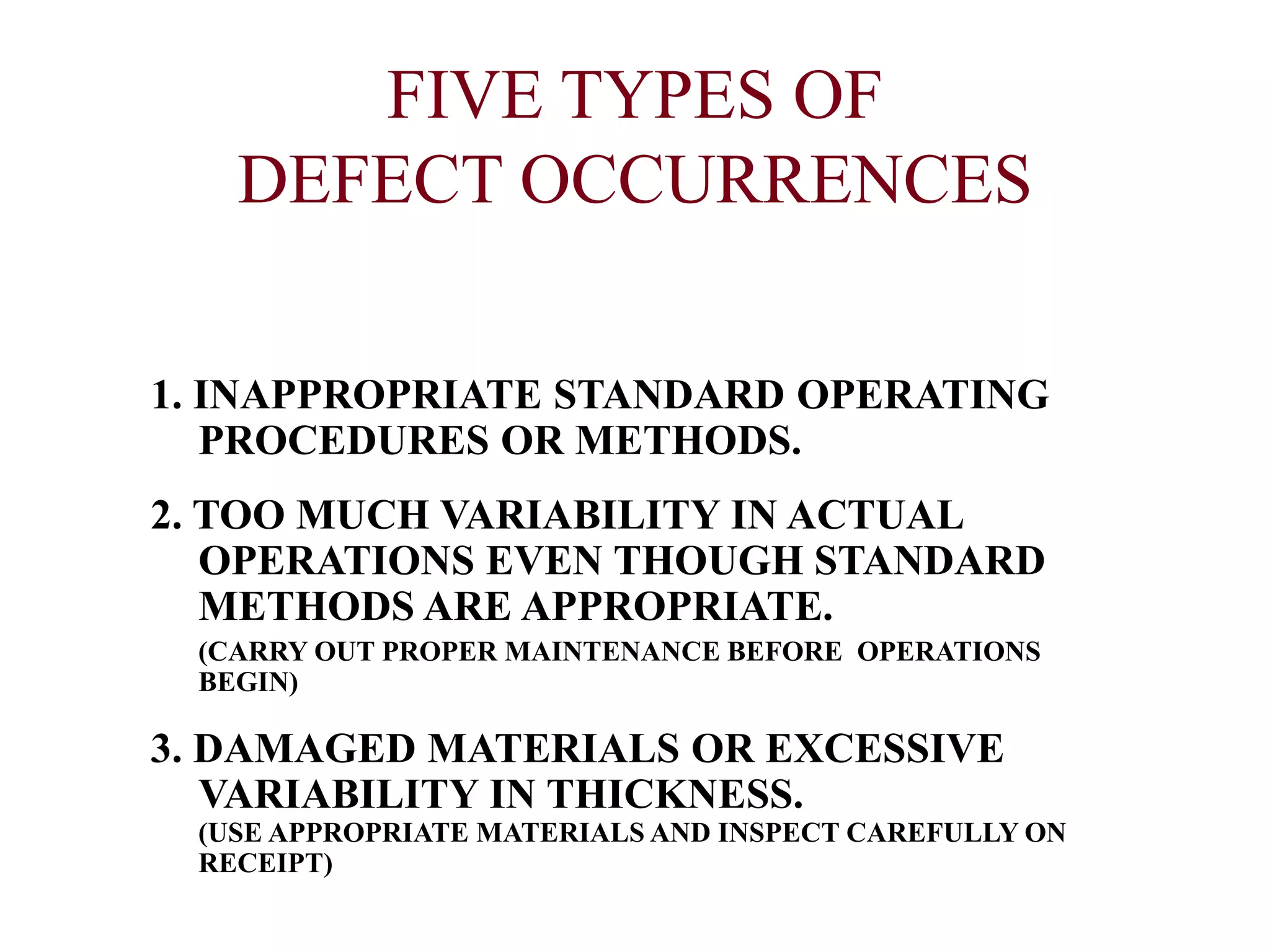 FIVE TYPES OF
DEFECT OCCURRENCES
1. INAPPROPRIATE STANDARD OPERATING
PROCEDURES OR METHODS.
2. TOO MUCH VARIABILITY IN ACTUAL
OPERATIONS EVEN THOUGH STANDARD
METHODS ARE APPROPRIATE.
(CARRY OUT PROPER MAINTENANCE BEFORE OPERATIONS
BEGIN)
3. DAMAGED MATERIALS OR EXCESSIVE
VARIABILITY IN THICKNESS.
(USE APPROPRIATE MATERIALS AND INSPECT CAREFULLY ON
RECEIPT)
 