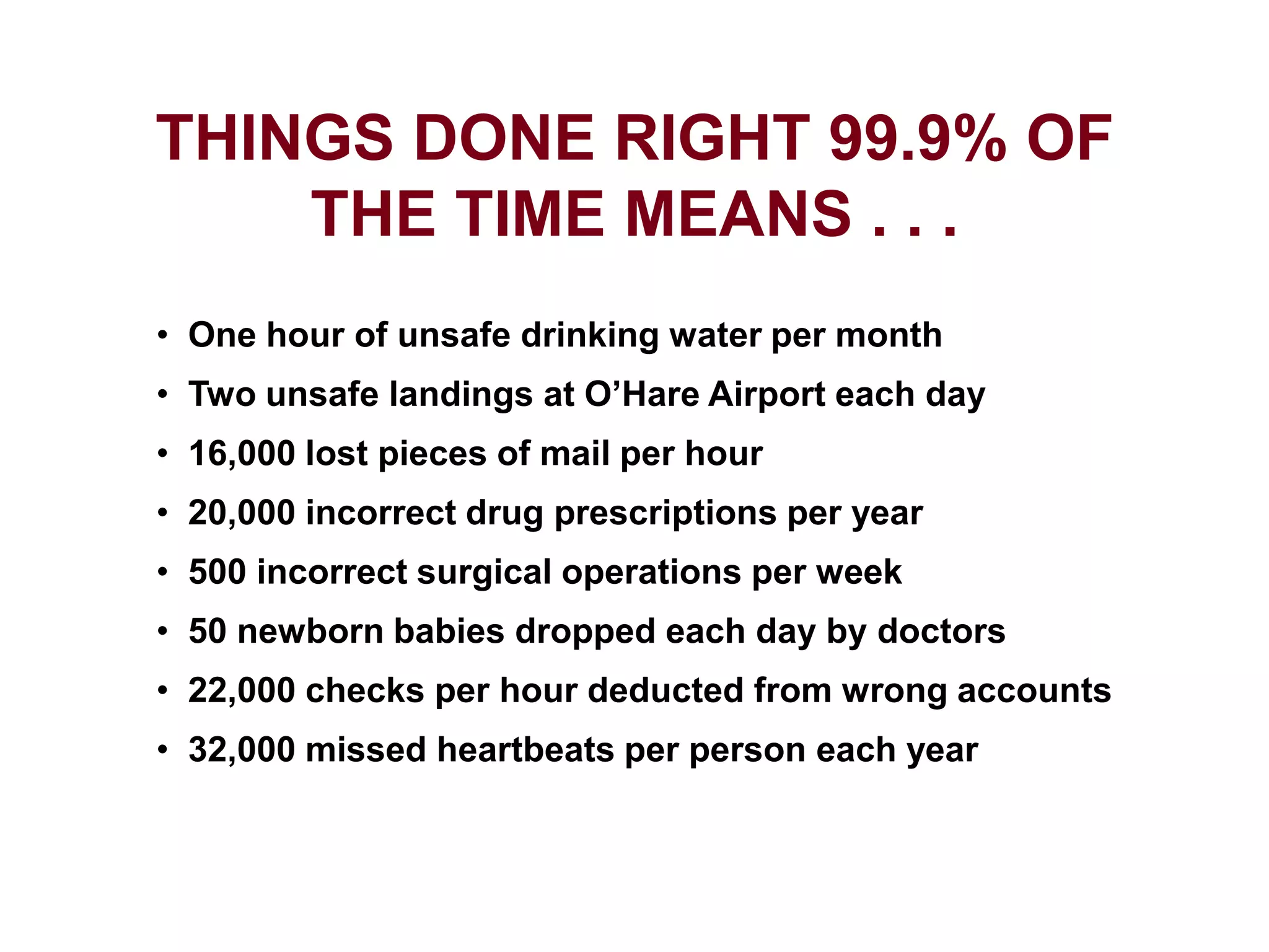 THINGS DONE RIGHT 99.9% OF
THE TIME MEANS . . .
• One hour of unsafe drinking water per month
• Two unsafe landings at O’Hare Airport each day
• 16,000 lost pieces of mail per hour
• 20,000 incorrect drug prescriptions per year
• 500 incorrect surgical operations per week
• 50 newborn babies dropped each day by doctors
• 22,000 checks per hour deducted from wrong accounts
• 32,000 missed heartbeats per person each year
 